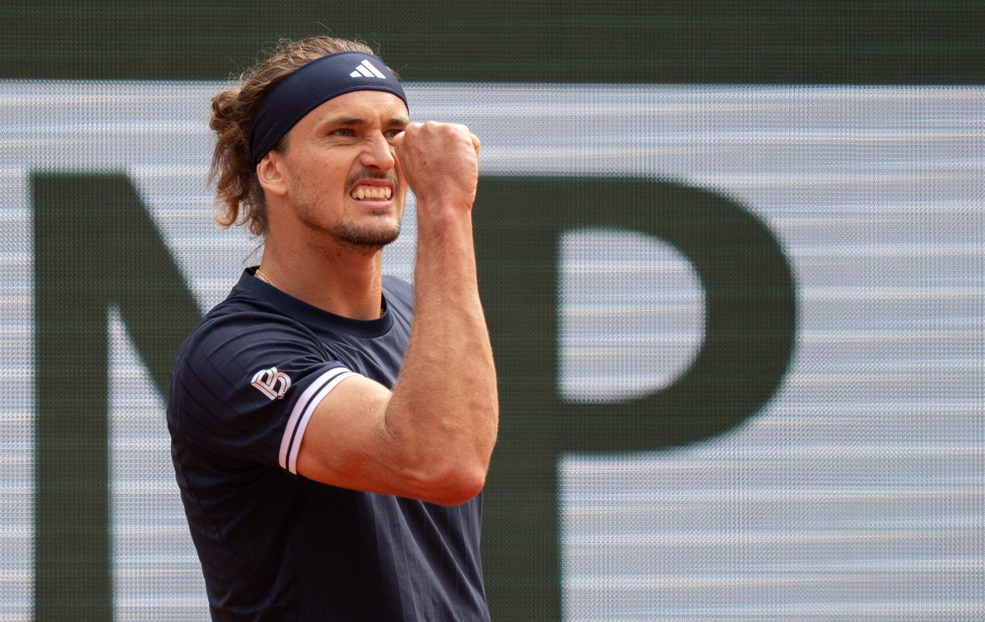 Alexander Zverev of Germany reacts during his match against Jakub Mensik of Czechia on day 12 at Stade Roland Garros.