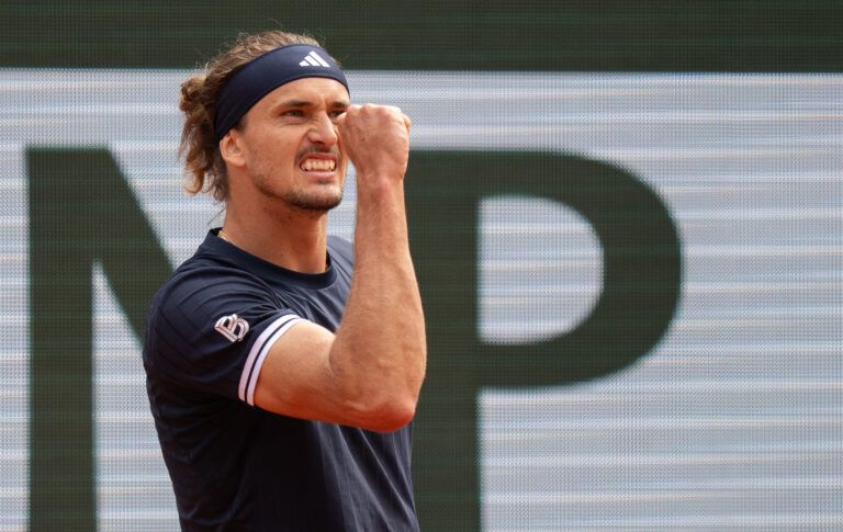 Alexander Zverev of Germany reacts during his match against Jakub Mensik of Czechia on day 12 at Stade Roland Garros.