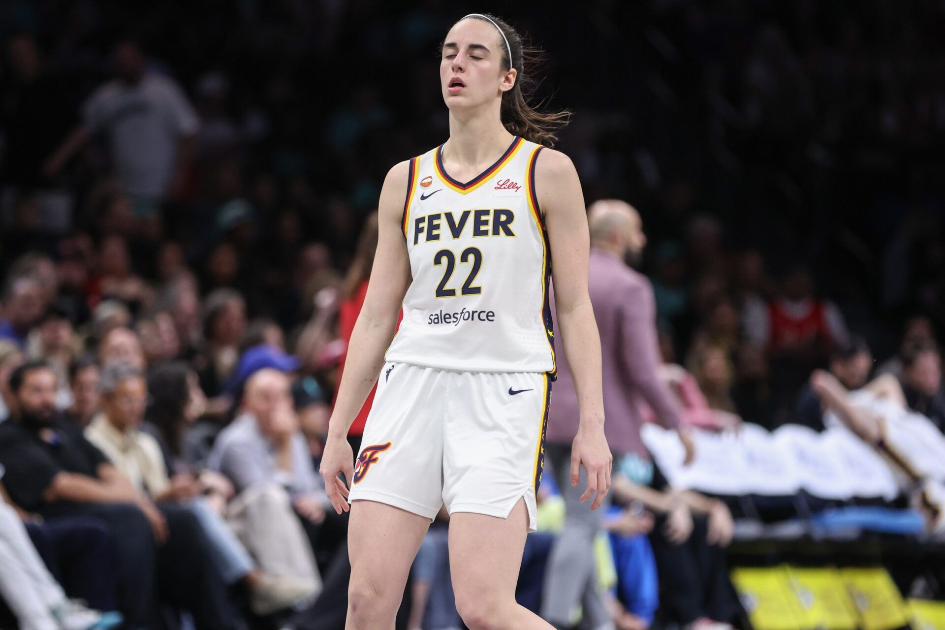 Indiana Fever guard Caitlin Clark (22) reacts to a call in the fourth quarter against the New York Liberty at Barclays Center.