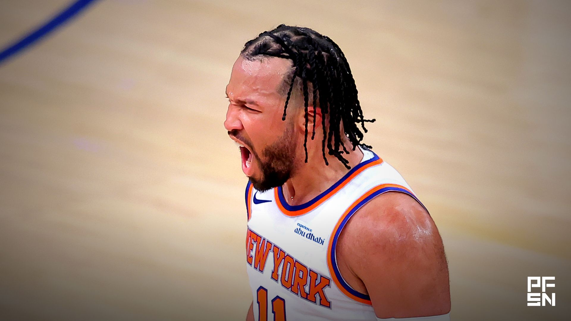 New York Knicks guard Jalen Brunson (11) reacts during the fourth quarter of game one of the eastern conference finals against the Cleveland Cavaliers during the 2026 NBA playoffs at Madison Square Garden.