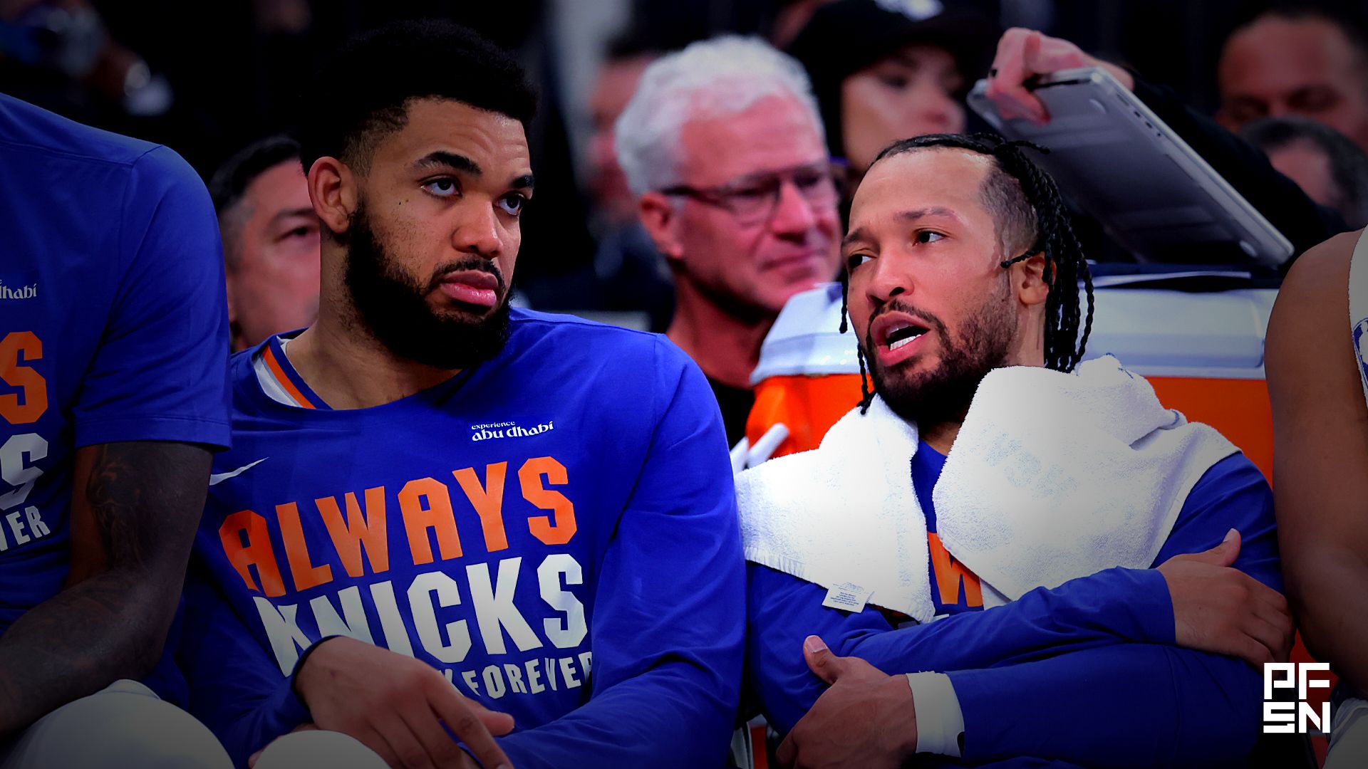 New York Knicks guard Jalen Brunson (11) talks to center Karl-Anthony Towns (32) during the fourth quarter of game one of the eastern conference semifinal round of the 2026 NBA Playoffs against the Philadelphia 76ers at Madison Square Garden.