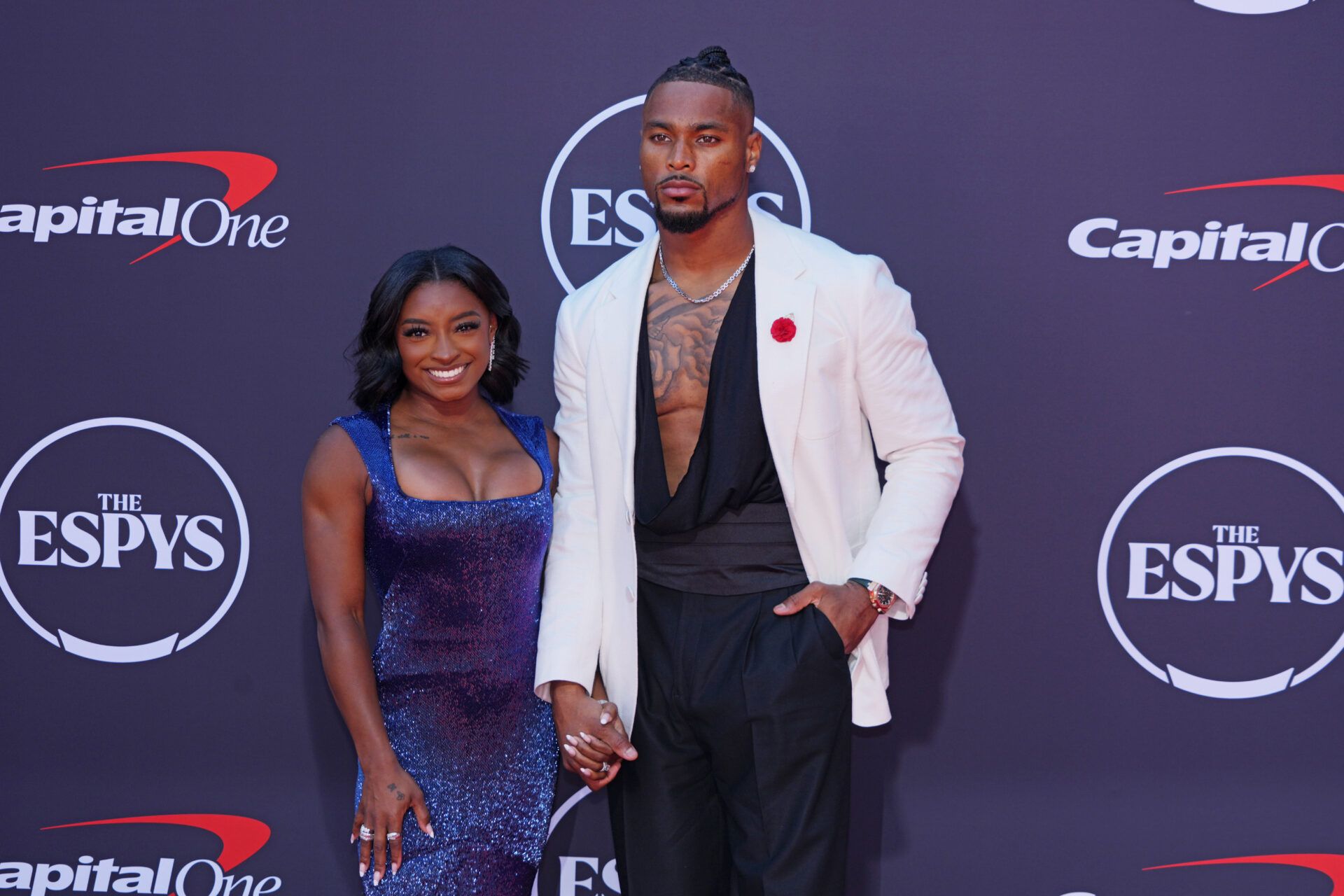 Simone Biles and Jonathan Owens on the red carpet before the ESPYS at The Dolby Theatre.