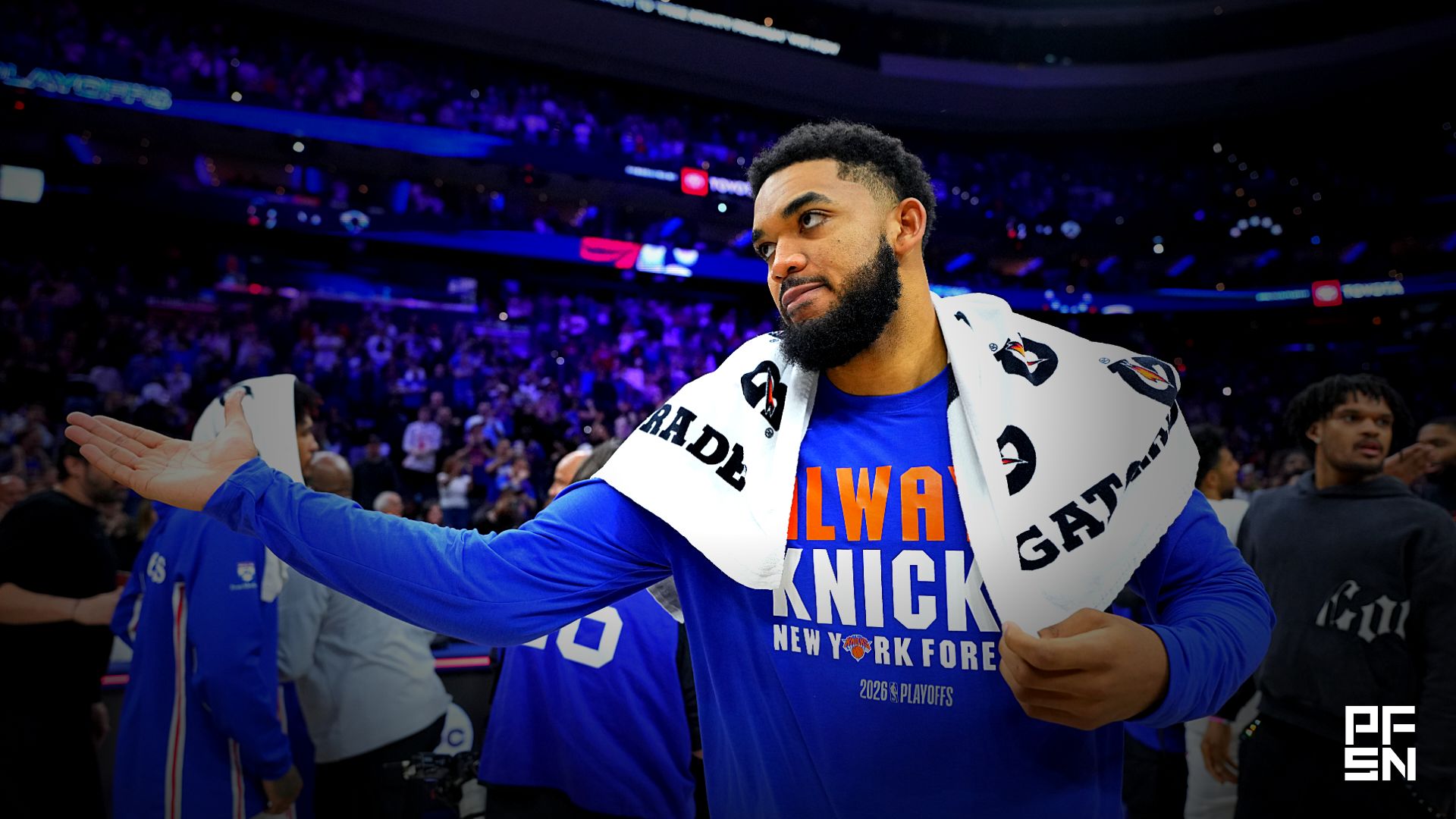 New York Knicks center Karl-Anthony Towns (32) reacts after game four of the second round of the 2026 NBA Playoffs against the Philadelphia 76ers at Xfinity Mobile Arena.