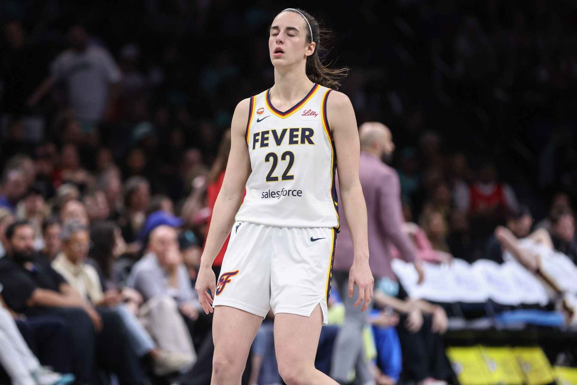 Indiana Fever guard Caitlin Clark (22) reacts to a call in the fourth quarter against the New York Liberty at Barclays Center.