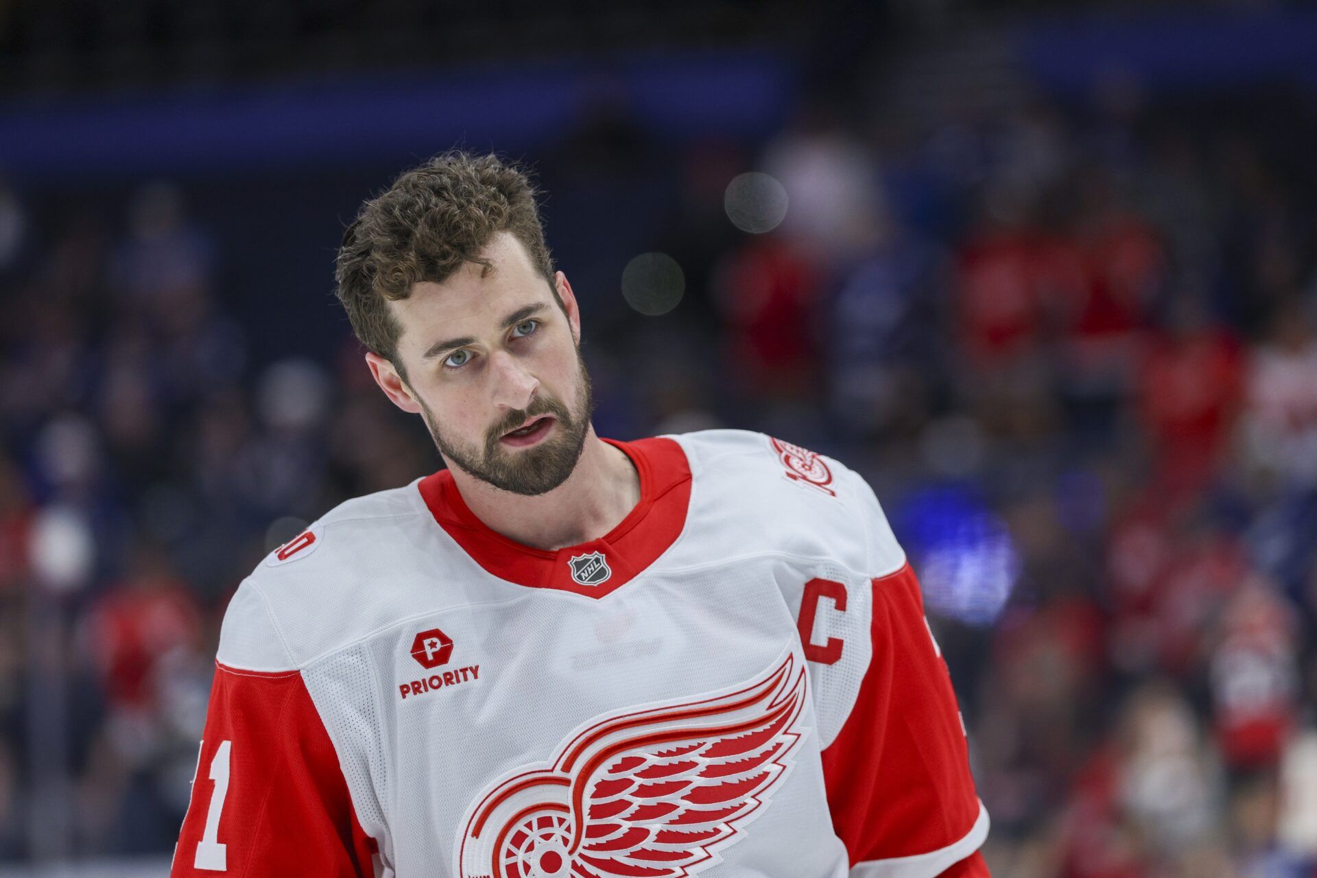 Detroit Red Wings center Dylan Larkin (71) warms up before a game against the Tampa Bay Lightning at Benchmark International Arena.