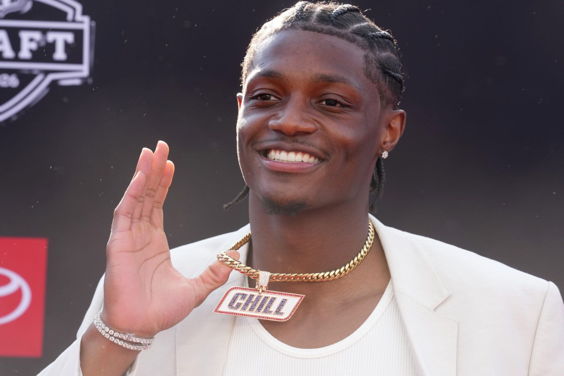 Ohio State Buckeyes receiver Carnell Tate poses on the red carpet before the 2026 NFL Draft at Point State Park.