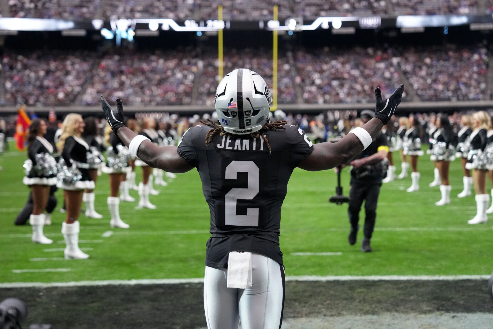 Las Vegas Raiders running back Ashton Jeanty (2) enters the field before the game against the New York Giants at Allegiant Stadium.