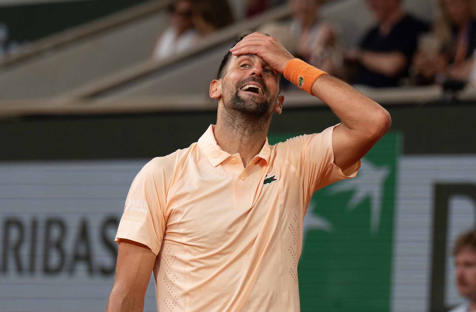 Novak Djokovic of Serbia reacts during his match against Joao Fonseca of Brazil on day six at Stade Roland Garros.