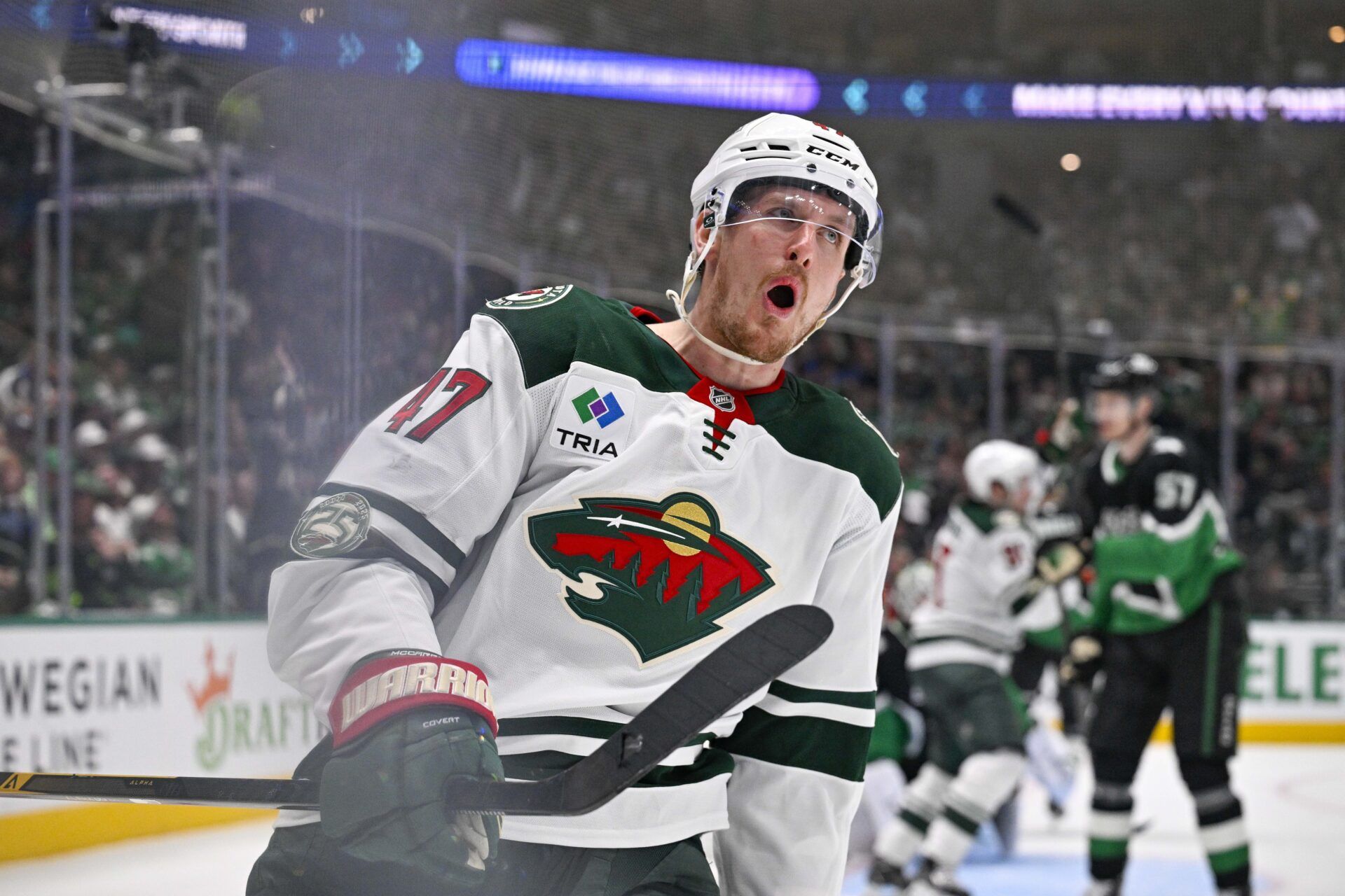 Minnesota Wild center Michael McCarron (47) celebrates after he scores a goal against the Dallas Stars during the third period in game five of the first round of the 2026 Stanley Cup Playoffs at American Airlines Center.