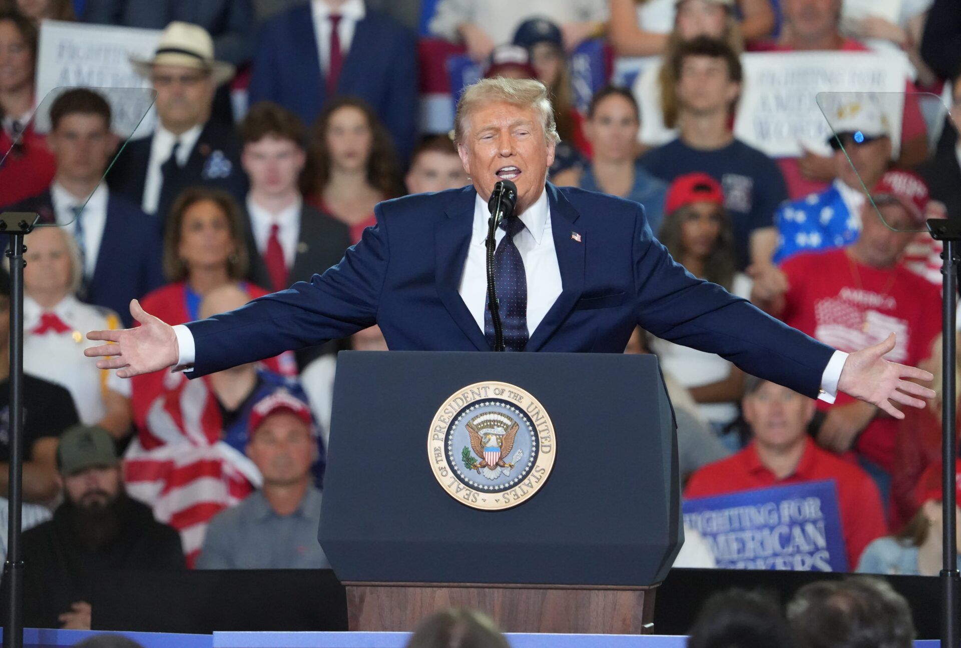 President Donald J. Trump speaks at a rally in the fieldhouse at Rockland Community College May 22, 2026.