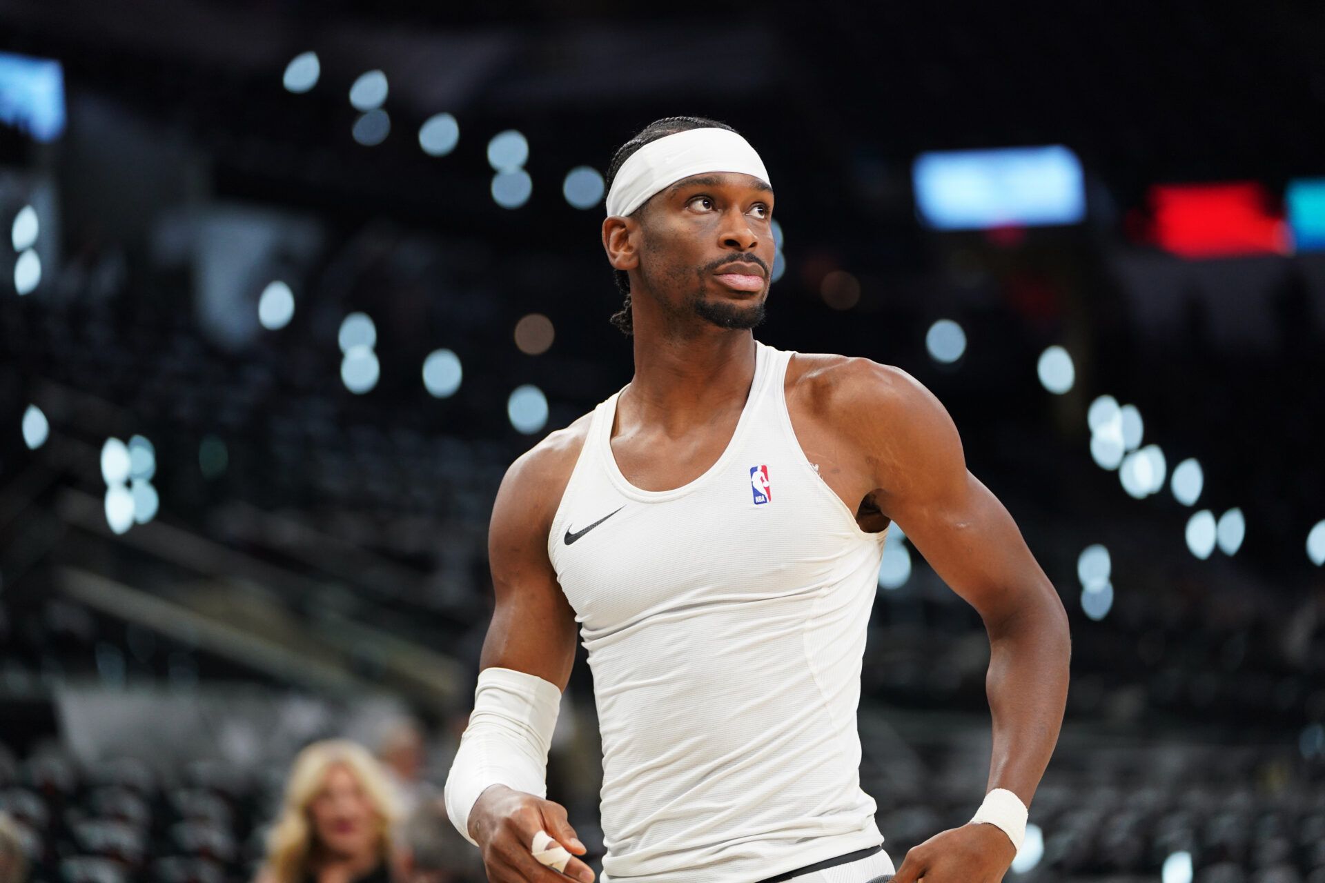 Oklahoma City Thunder guard Shai Gilgeous-Alexander (2) warms up before the start of game six of the western conference finals for the 2026 NBA playoffs at Frost Bank Center.