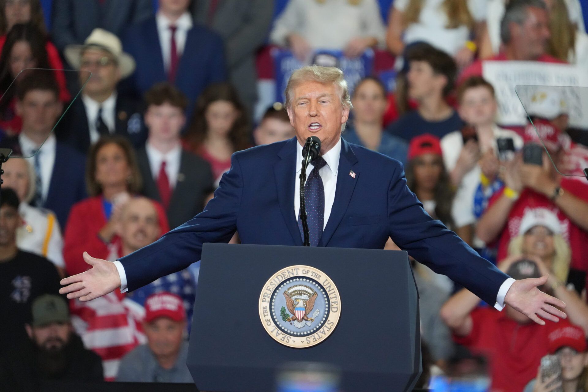 President Donald J. Trump speaks at a rally in the fieldhouse at Rockland Community College May 22, 2026.