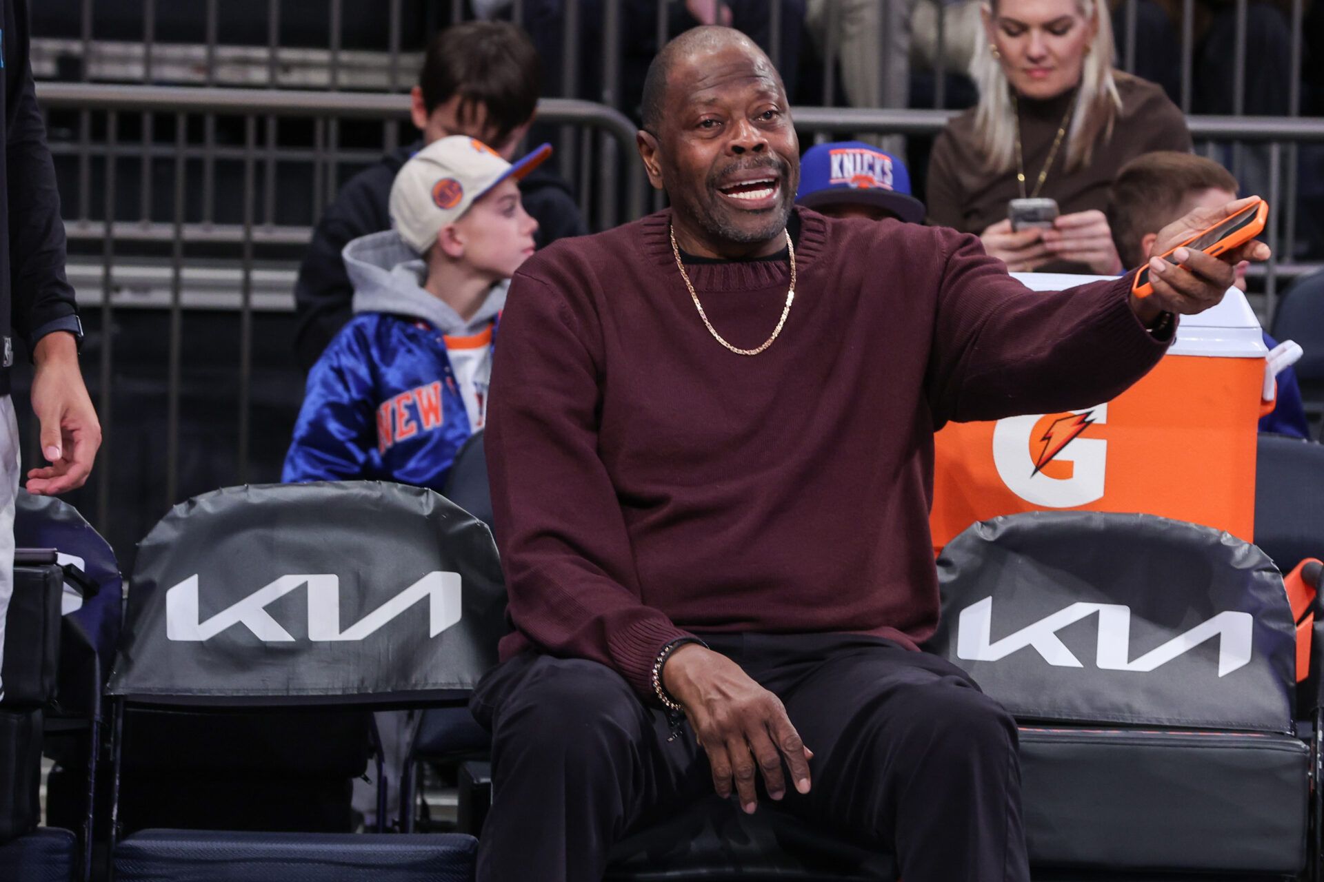Former NBA center Patrick Ewing watches warmups between the Charlotte Hornets and the New York Knicks at Madison Square Garden.