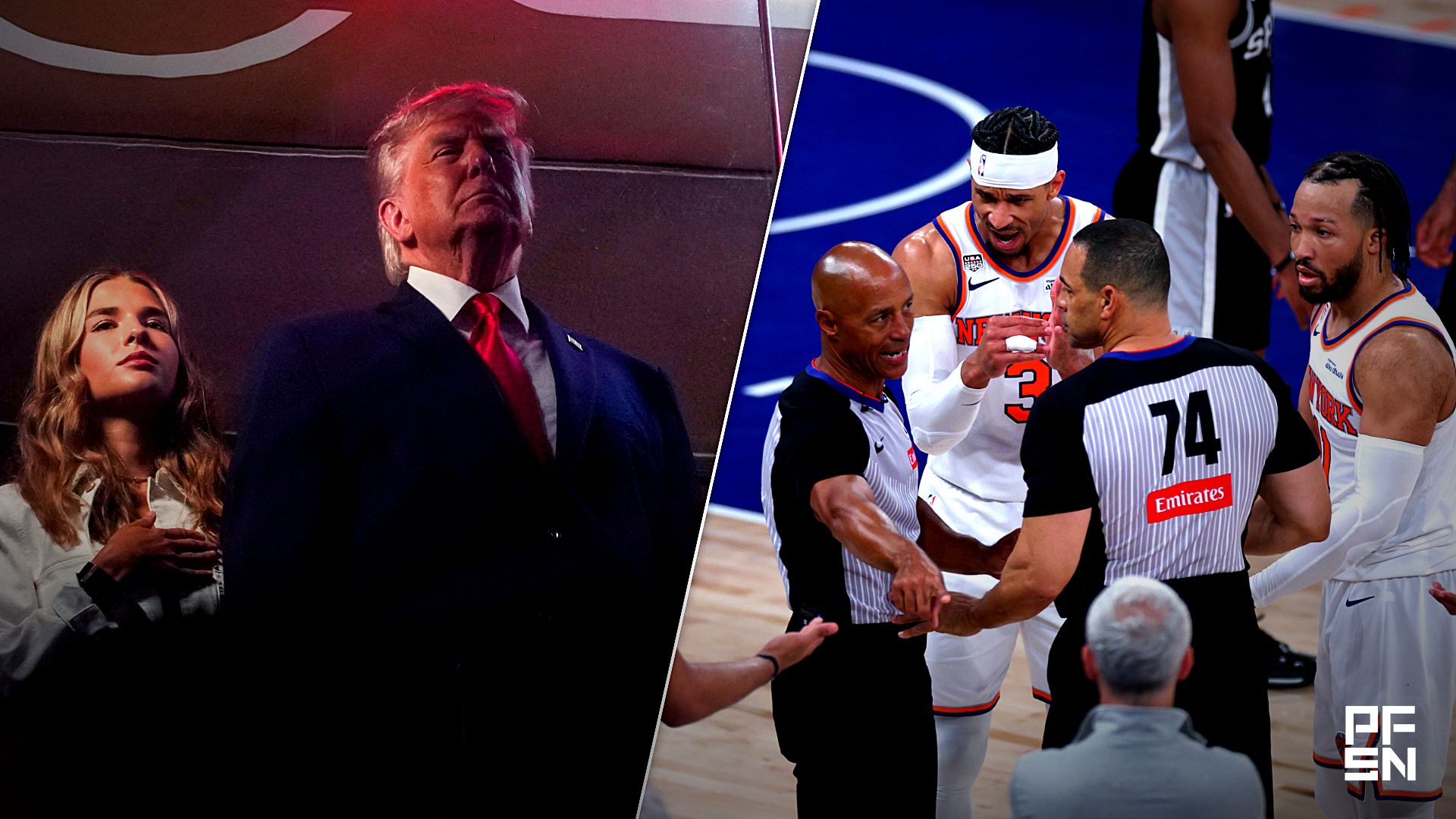 Collage featuring USA-TRUMP/ and NBA: Finals-San Antonio Spurs at New York Knicks.
Nathan Howard-Reuters via Imagn Images / Vincent Carchietta-Imagn Images
