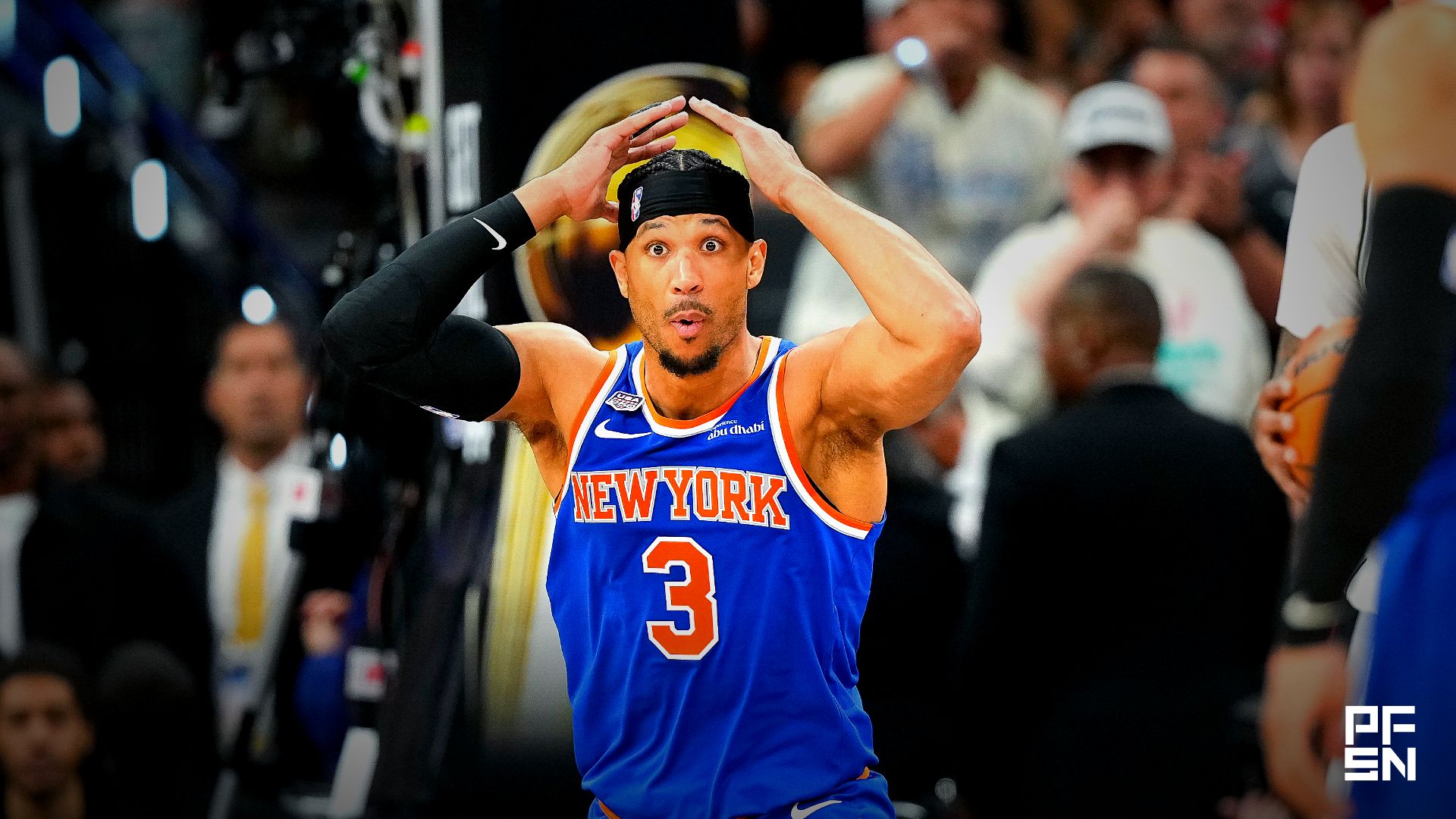 New York Knicks guard Josh Hart (3) reacts to a call during the fourth quarter against the San Antonio Spurs during game two of the 2026 NBA Finals at Frost Bank Center.