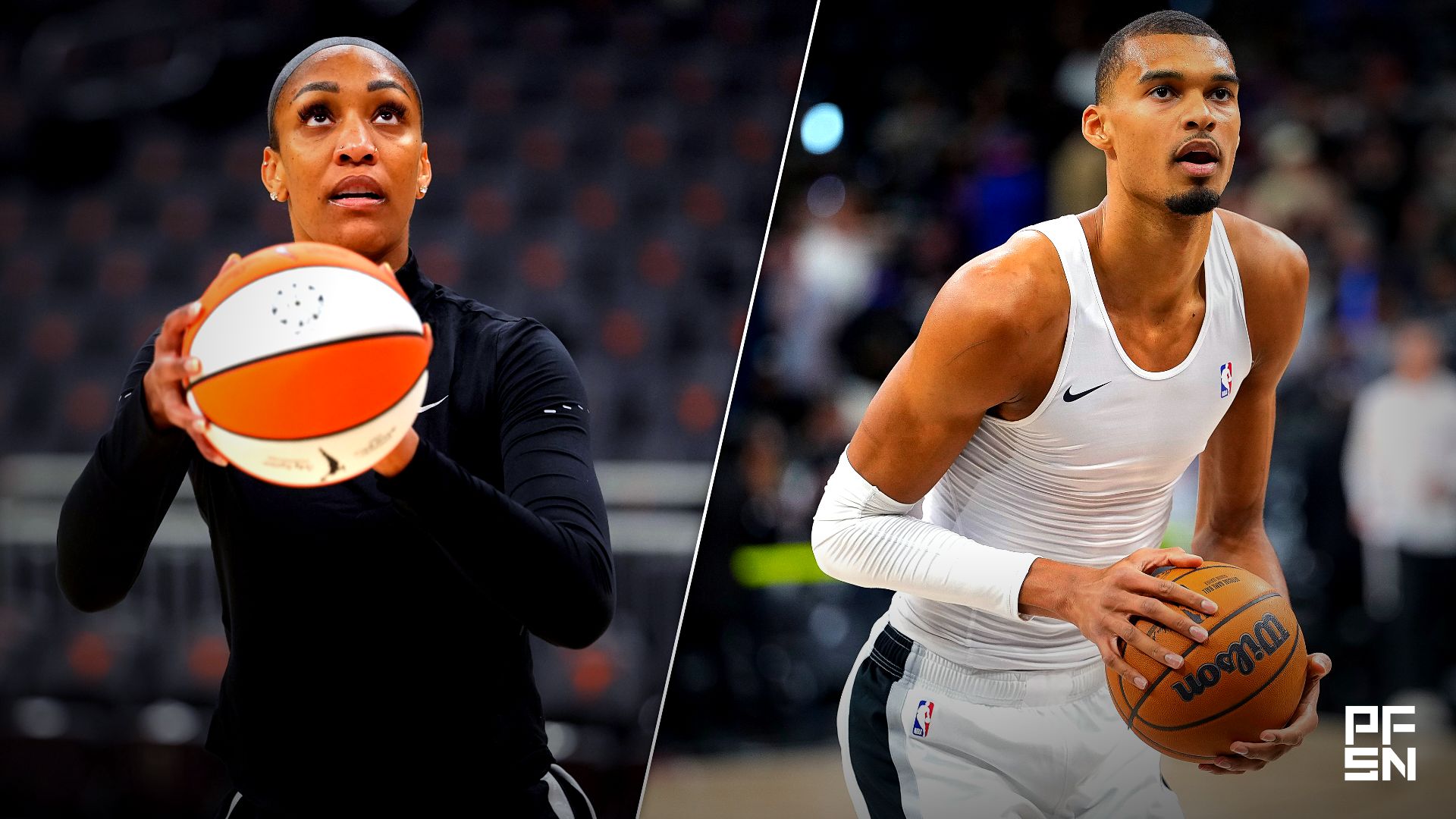 Collage featuring WNBA: Preseason-Dallas Wings at Las Vegas Aces and NBA: Finals-New York Knicks at San Antonio Spurs.
Scott Wachter-Imagn Images