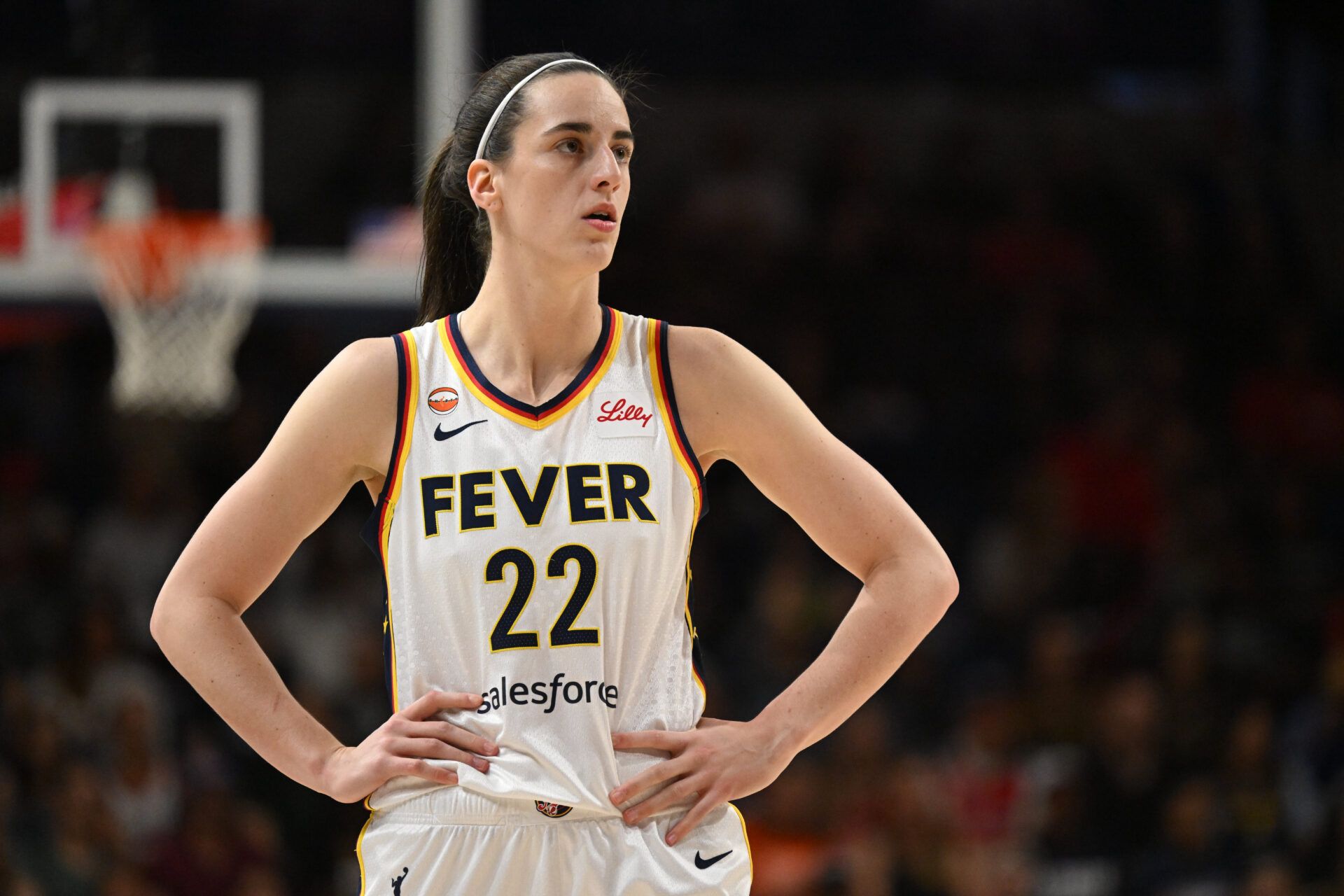Indiana Fever guard Caitlin Clark (22) looks on against the Washington Mystics during the first quarter at CareFirst Arena.