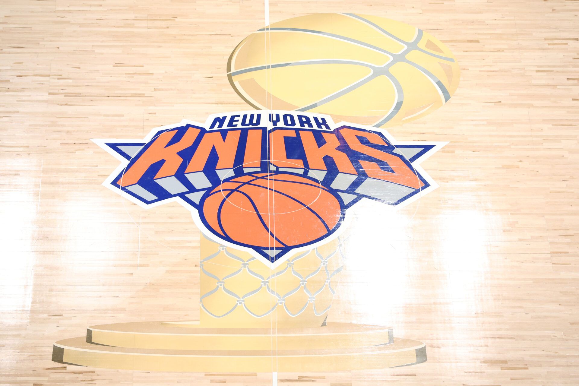 General view of the center court logo in the first quarter between the New York Knicks and the San Antonio Spurs during game three of the 2026 NBA Finals at Madison Square Garden.