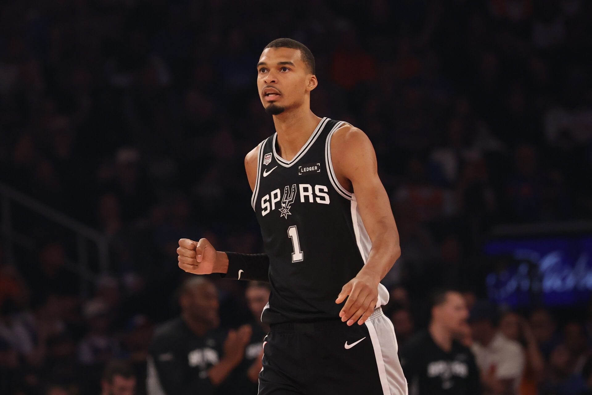 San Antonio Spurs forward Victor Wembanyama (1) looks on during game three of the 2026 NBA Finals against the New York Knicks in the first quarter at Madison Square Garden.