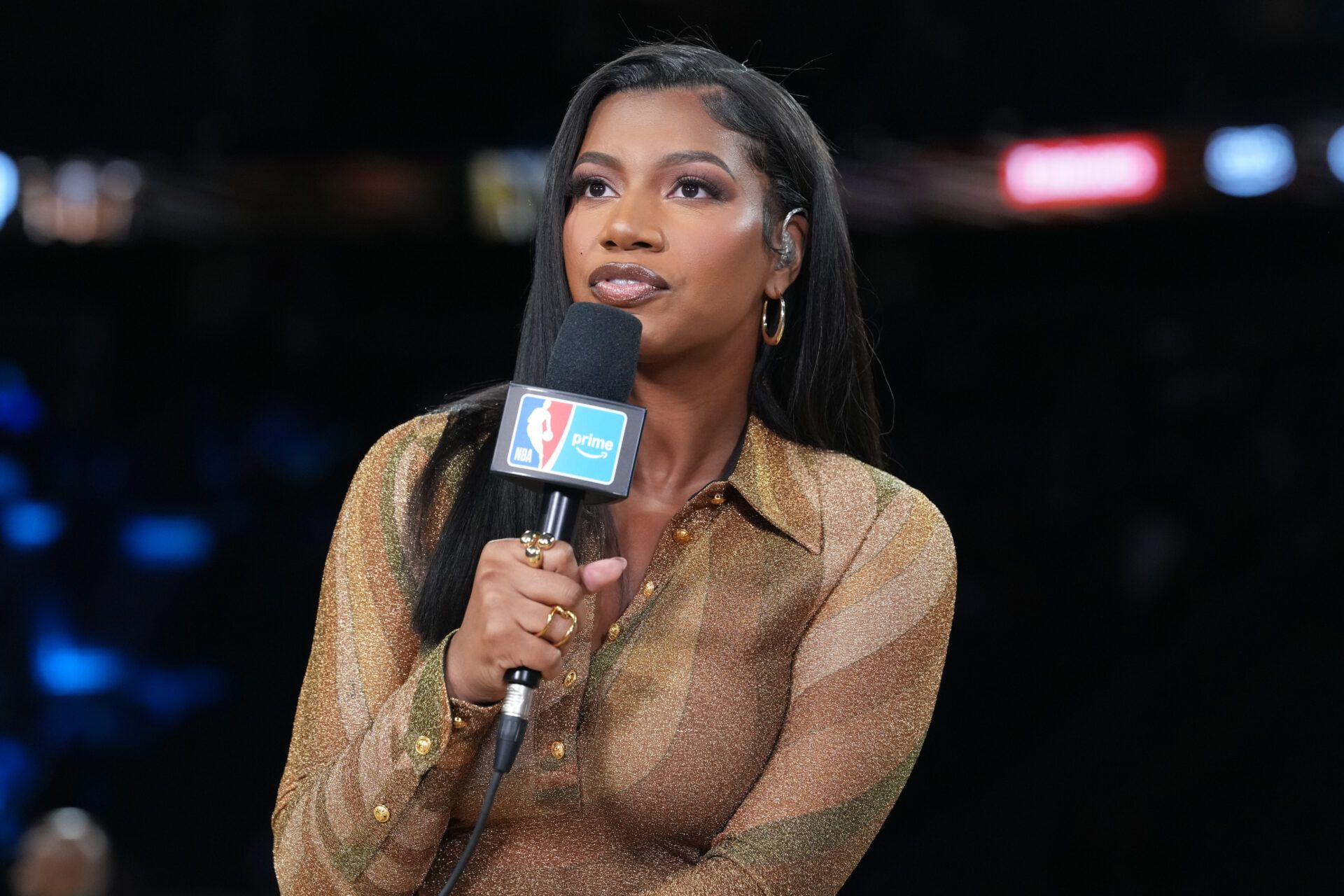NBA on Amazon studio host Taylor Rooks during the NBA Cup semifinals at T-Mobile Arena.