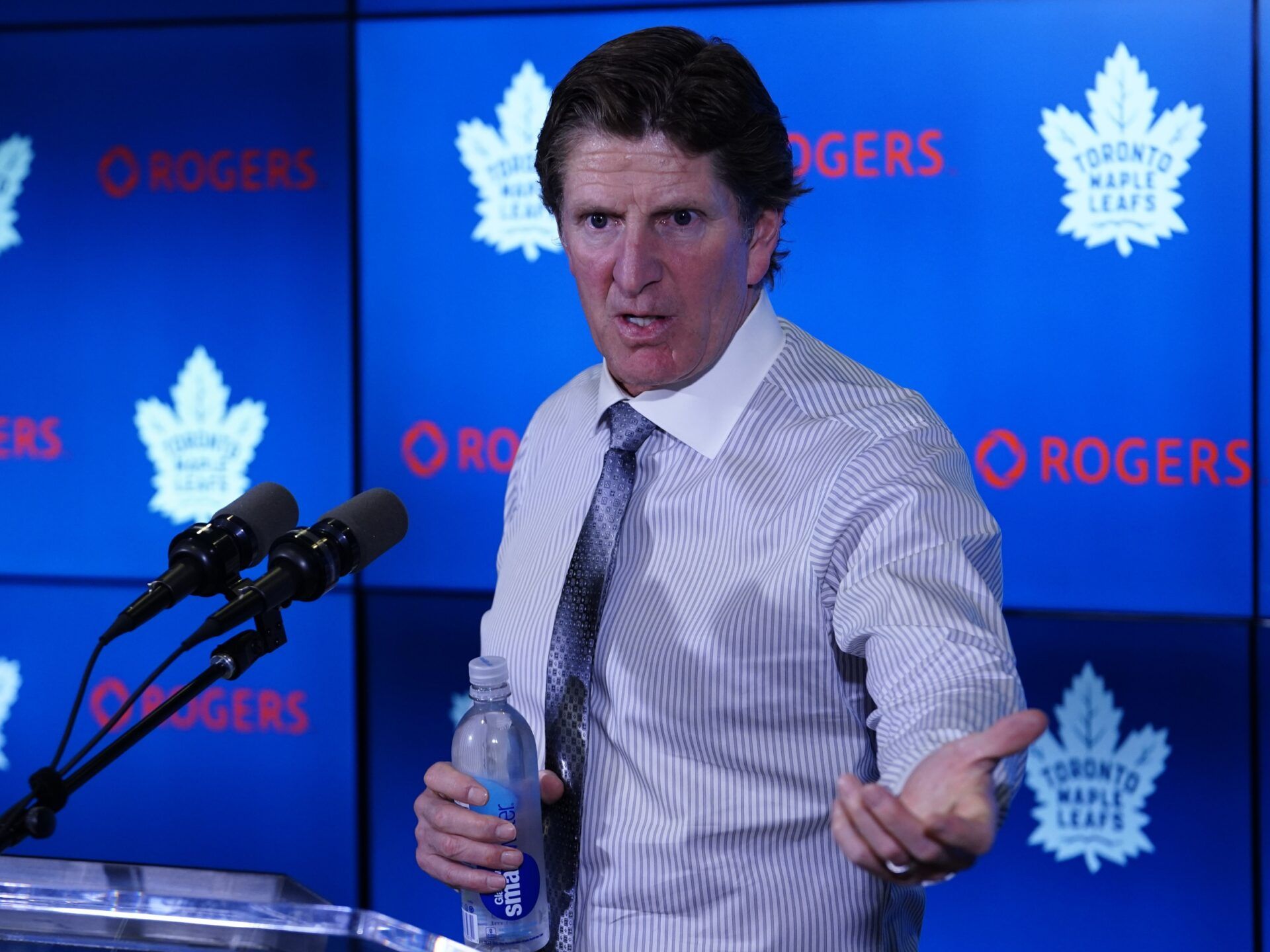 Toronto Maple Leafs head coach Mike Babcock during the post game press conference against the Columbus Blue Jackets at Scotiabank Arena. Columbus defeated Toronto in overtime.