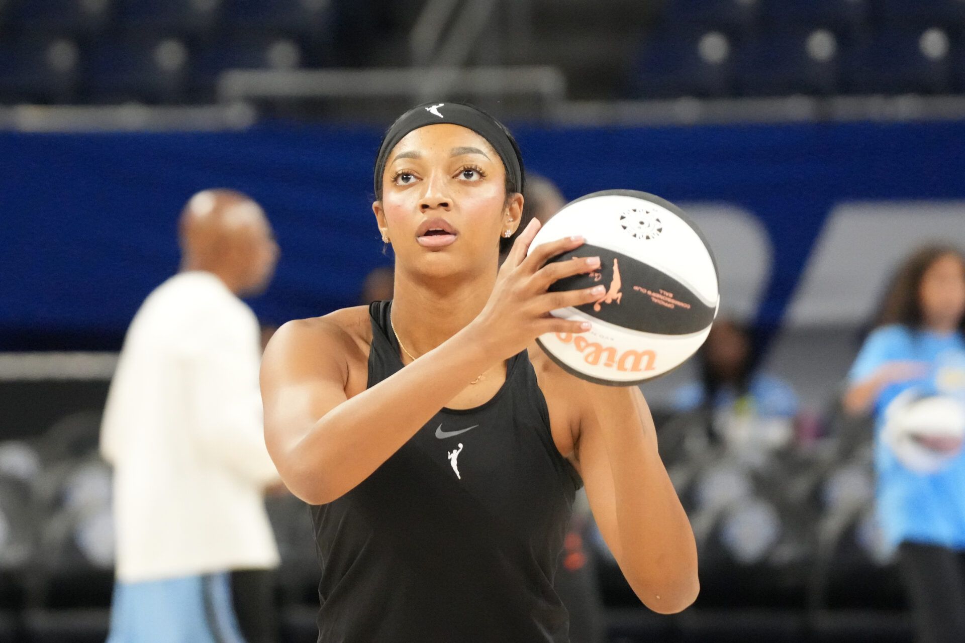 Atlanta Dream forward Angel Reese (5) warms up before a game against the Chicago Sky at Wintrust Arena.