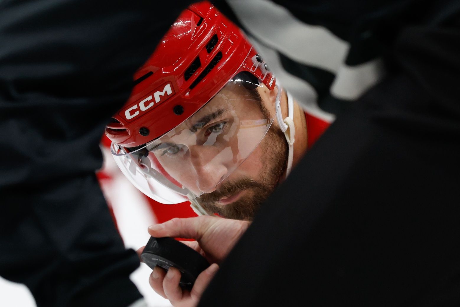 Detroit Red Wings center Dylan Larkin (71) gets set to face off in the second period against the Buffalo Sabres at Little Caesars Arena.