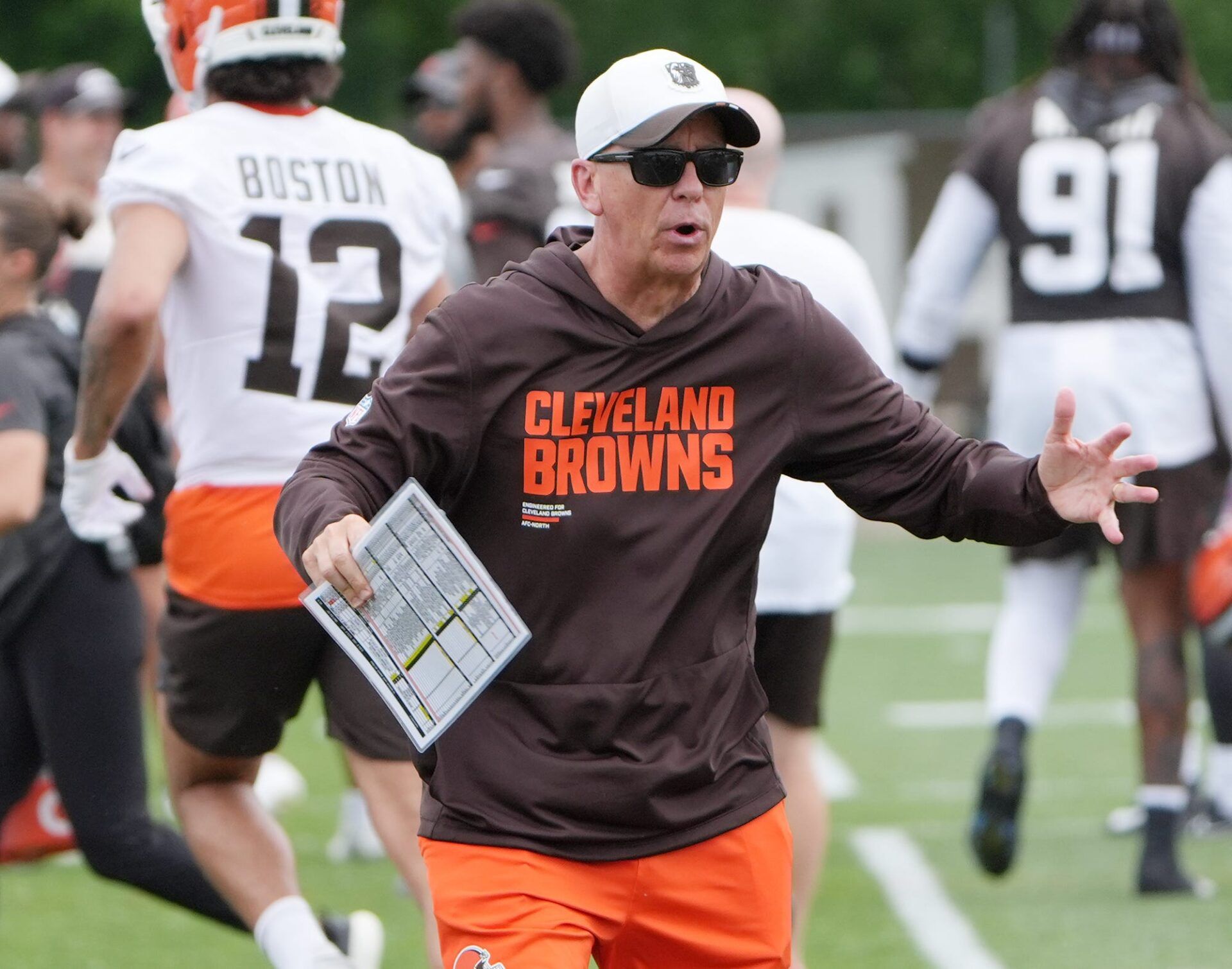 Browns Head Coach Todd Monken gestures as he watches the first day of minicamp at CrossCountry Mortgage Campus of the Cleveland Browns in Berea, Ohio on June 9, 2026.