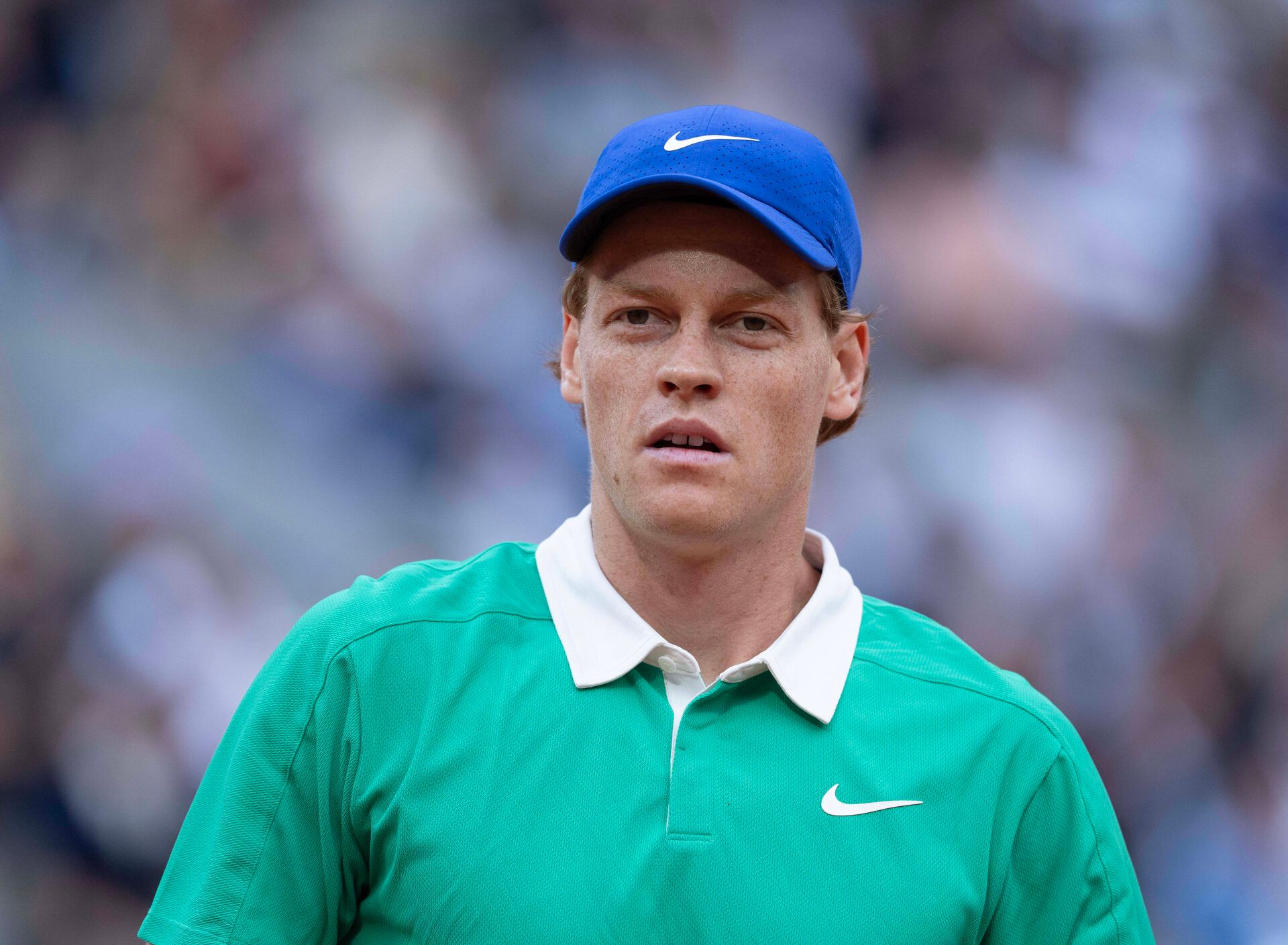 Jannik Sinner of Italy during his match against Novak Djokovic of Serbia on day 13 at Roland Garros Stadium.