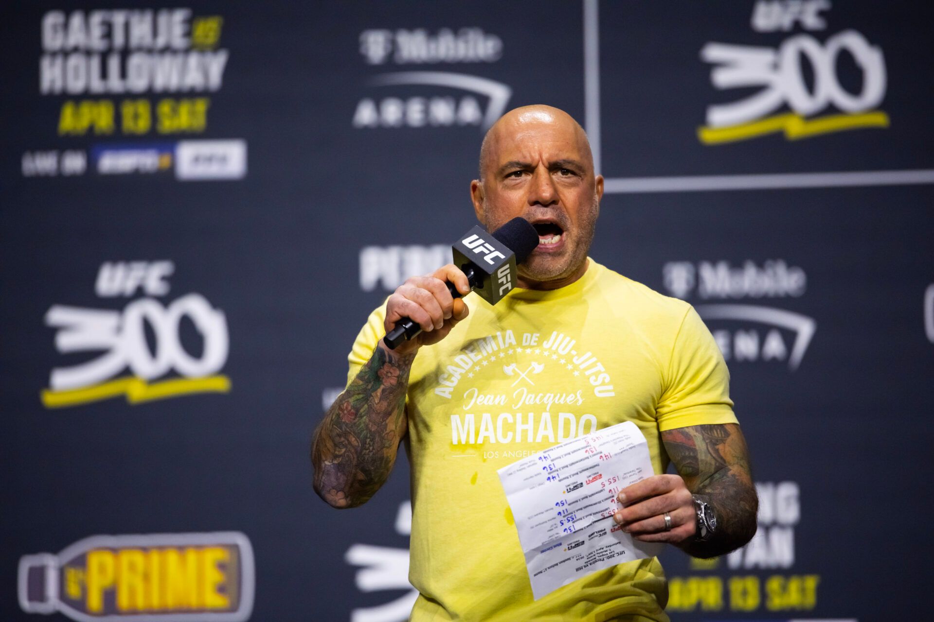 UFC announcer Joe Rogan during ceremonial weigh ins for UFC 300 at MGM Grand Garden Arena.