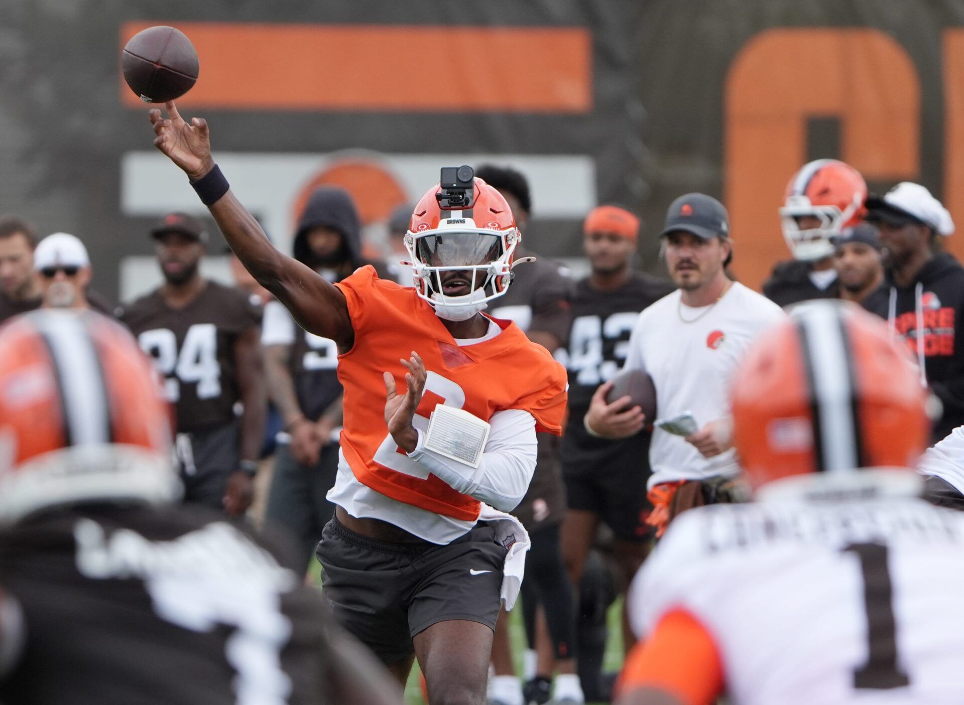 Browns quarterback Shedeur Sanders passes on the first day of minicamp at CrossCountry Mortgage Campus of the Cleveland Browns in Berea, Ohio on June 9, 2026.