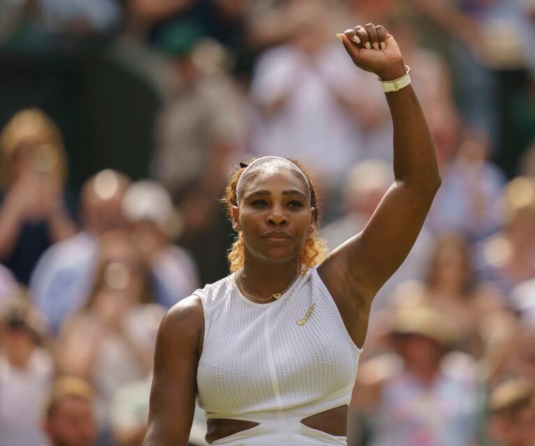 Serena Williams (USA) celebrates match point during her match against Barbora Strycova (CZE) on day 10 at the All England Lawn and Croquet Club.
