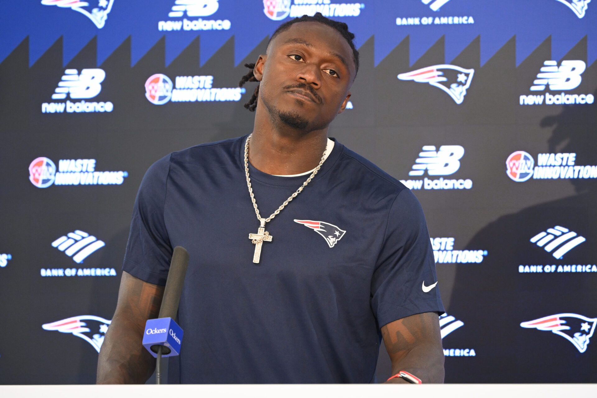 New England Patriots wide receiver A.J. Brown (1) speaks at a press conference after  practice at the team's OTA at Gillette Stadium.