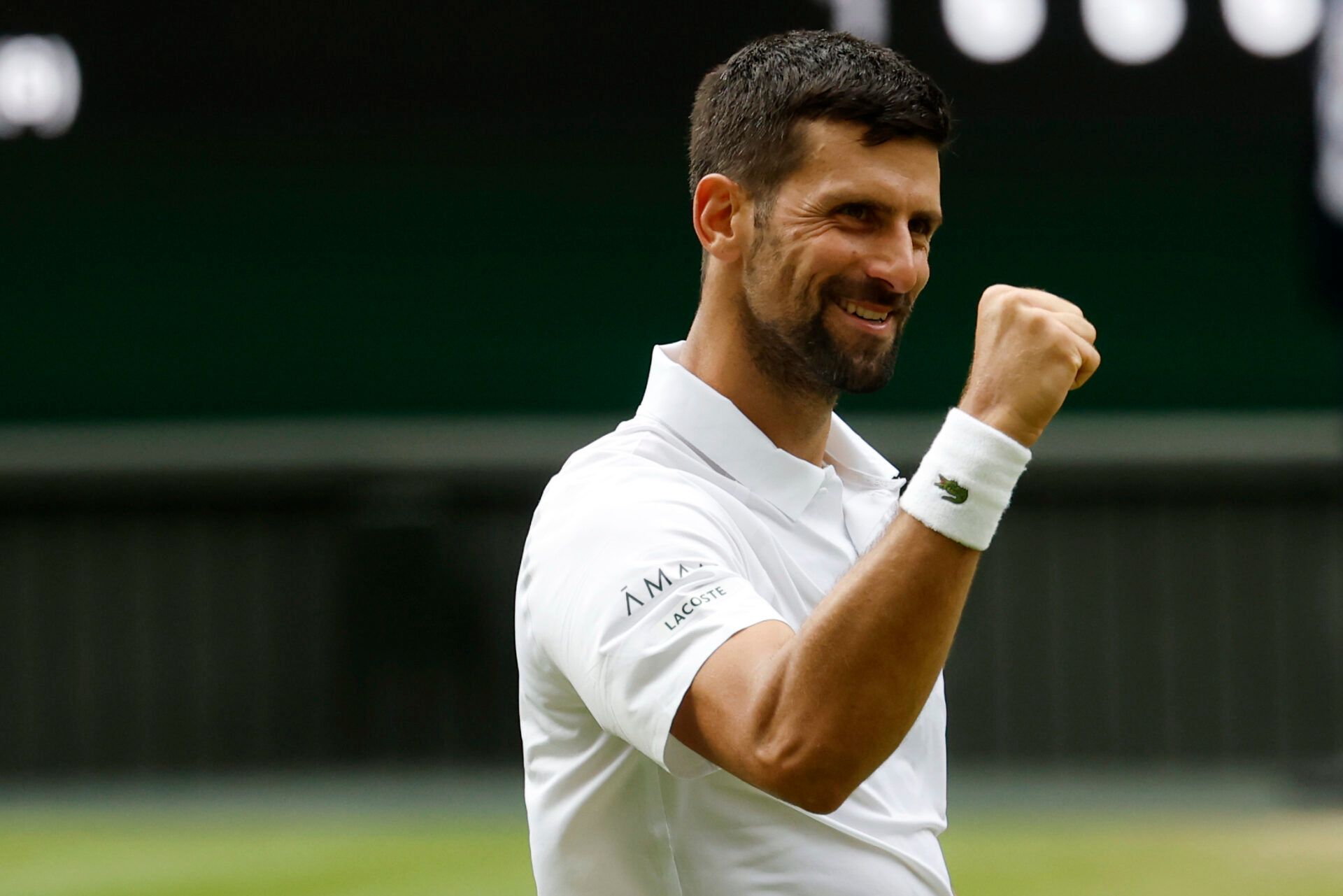 Novak Djokovic (SRB) celebrates after his match against Alex de Minaur (AUS)(not pictured) on day eight of The Championships Wimbledon 2025 at All England Lawn Tennis and Croquet Club.