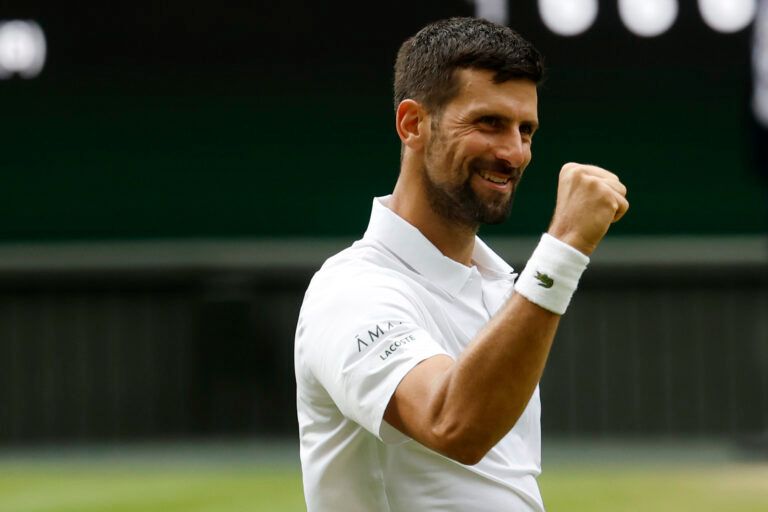 Novak Djokovic (SRB) celebrates after his match against Alex de Minaur (AUS)(not pictured) on day eight of The Championships Wimbledon 2025 at All England Lawn Tennis and Croquet Club.