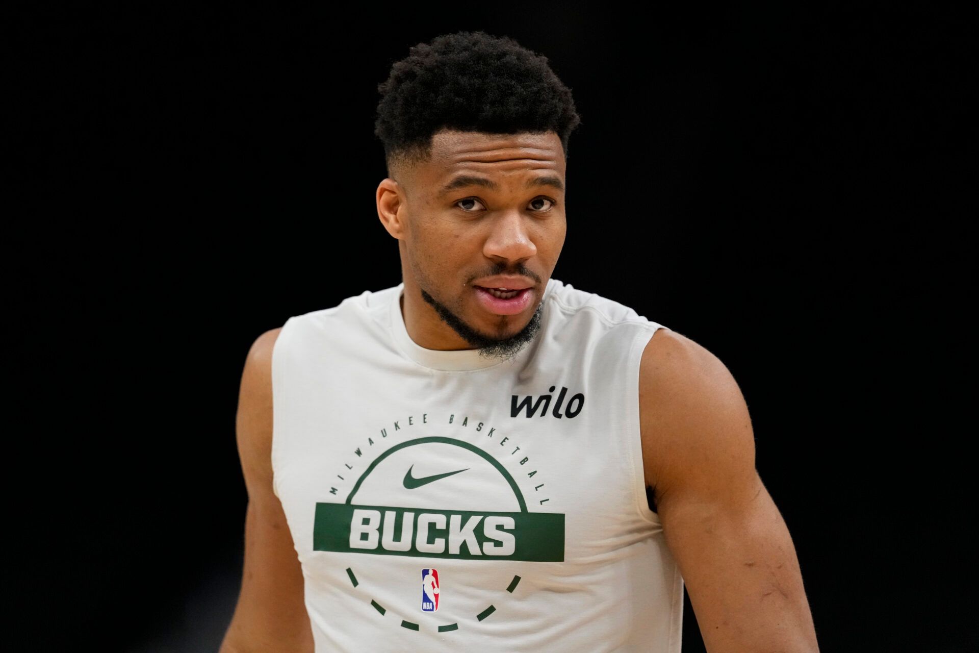 Milwaukee Bucks forward Giannis Antetokounmpo (34) during warmups prior to the game against the San Antonio Spurs at Fiserv Forum.