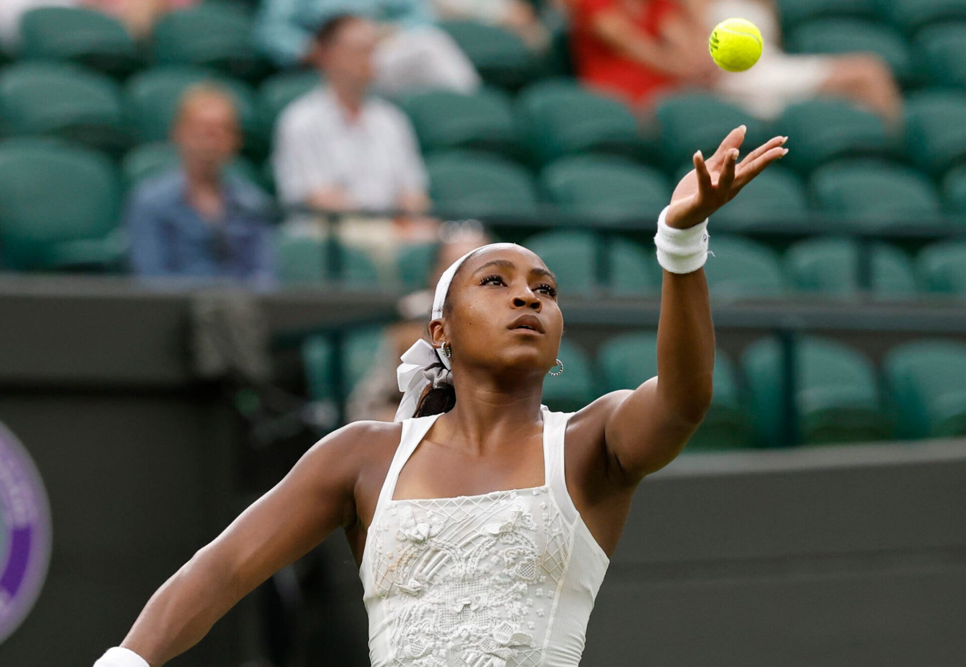 Coco Gauff (USA) serves against Dayana Yastremska (UKR)(not pictured) on day 2 of The Championships, Wimbledon 2025 at All England Lawn Tennis and Croquet Club.