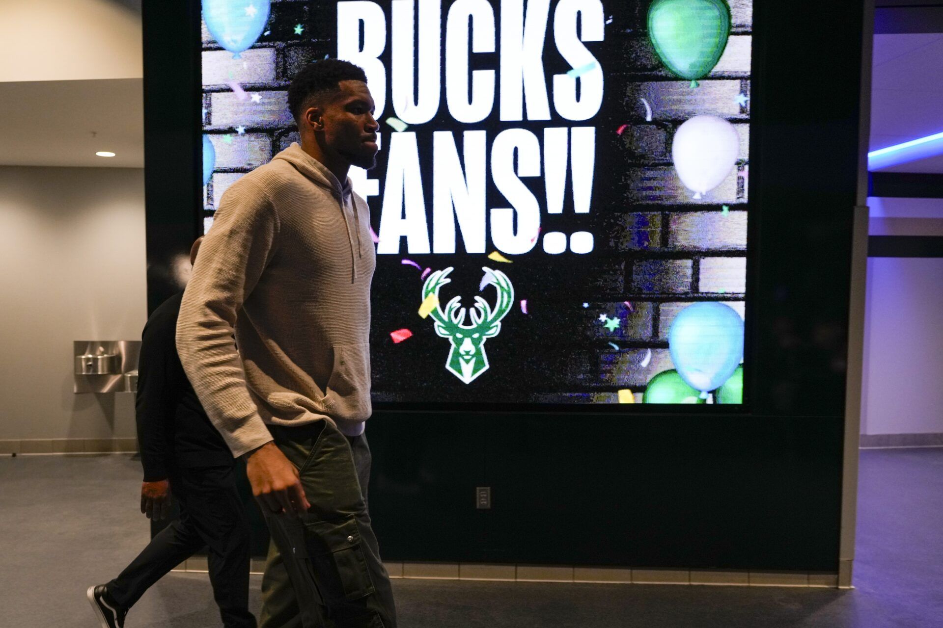 Milwaukee Bucks forward Giannis Antetokounmpo (34) walks to the locker room following the game against the Brooklyn Nets at Fiserv Forum.