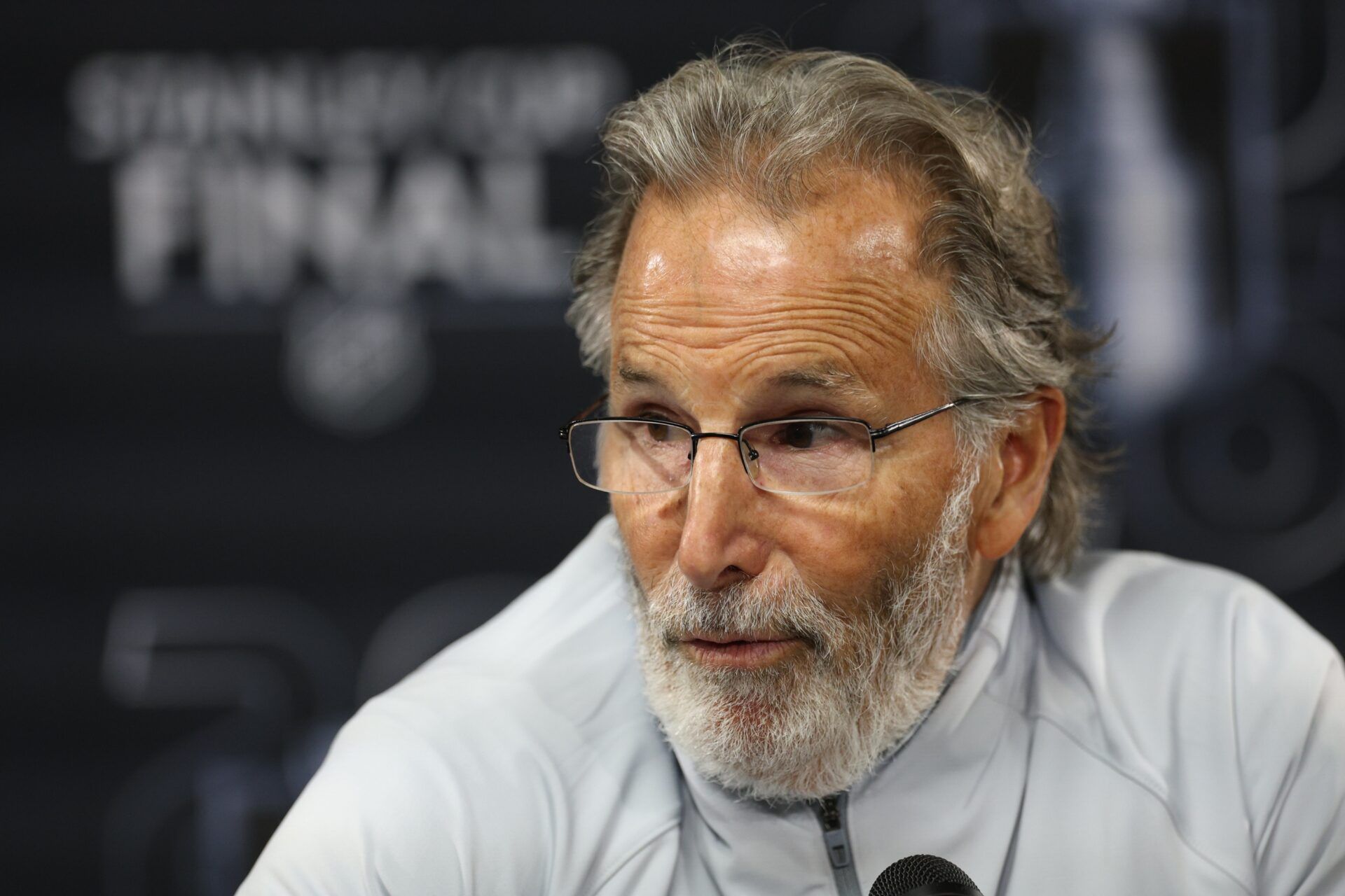 Vegas Golden Knights John Tortorella during the post game press conference after the loss to the Carolina Hurricanes in game two of the 2026 Stanley Cup Final at Lenovo Center.