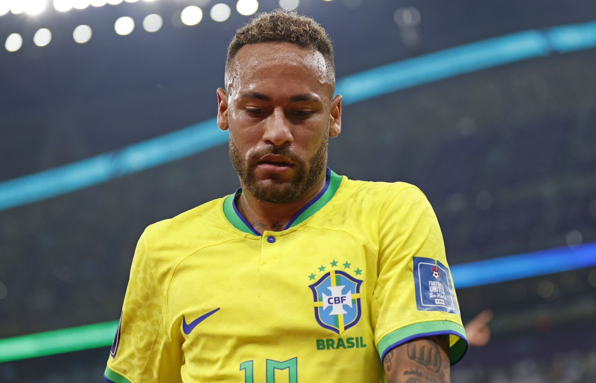 Brazil forward Neymar (10) reacts against Serbia during the first half in a group stage match during the 2022 World Cup at Lusail Stadium.
