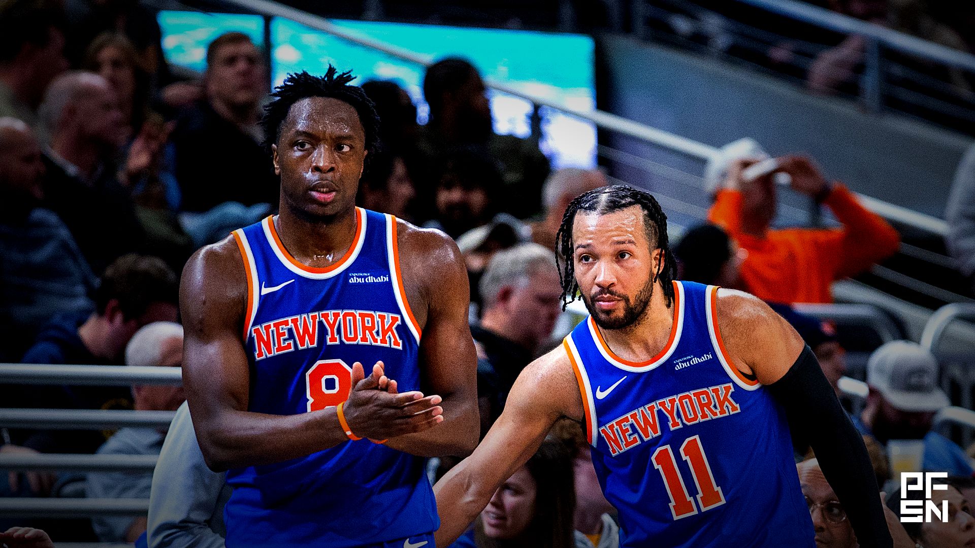 sNew York Knicks forward/guard Og Anunoby (8) and guard Jalen Brunson (11) in the second half against the Indiana Pacers at Gainbridge Fieldhouse.