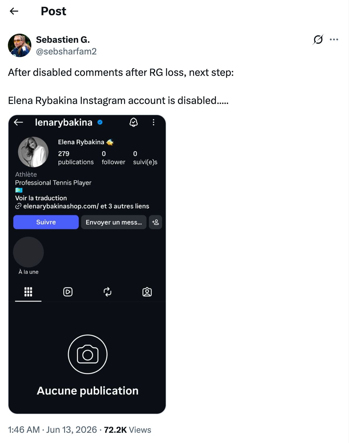 Elena Rybakina Deactivates Her Instagram Account
