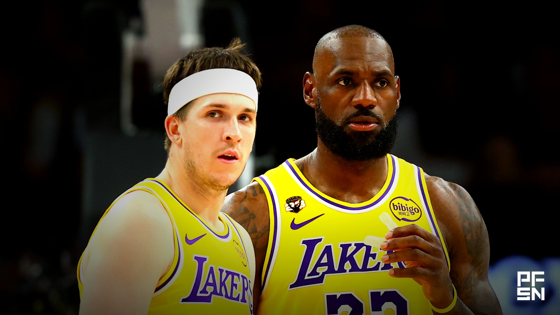 Los Angeles Lakers guard Austin Reaves (15) with forward LeBron James (23) against the Phoenix Suns at Mortgage Matchup Center.