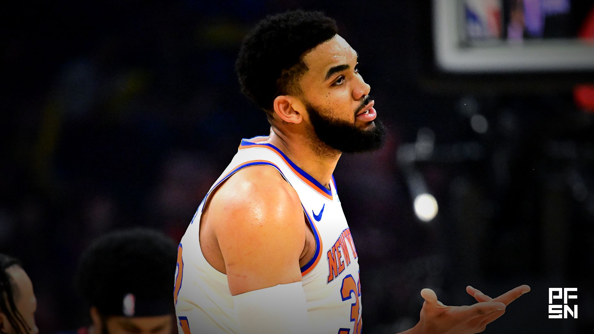 New York Knicks center Karl-Anthony Towns (32) reacts in the third quarter against the Cleveland Cavaliers during game four of the eastern conference finals for the 2026 NBA playoffs at Rocket Arena.