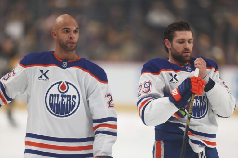 Edmonton Oilers defenseman Darnell Nurse (25) and center Leon Draisaitl (29) at PPG Paints Arena.