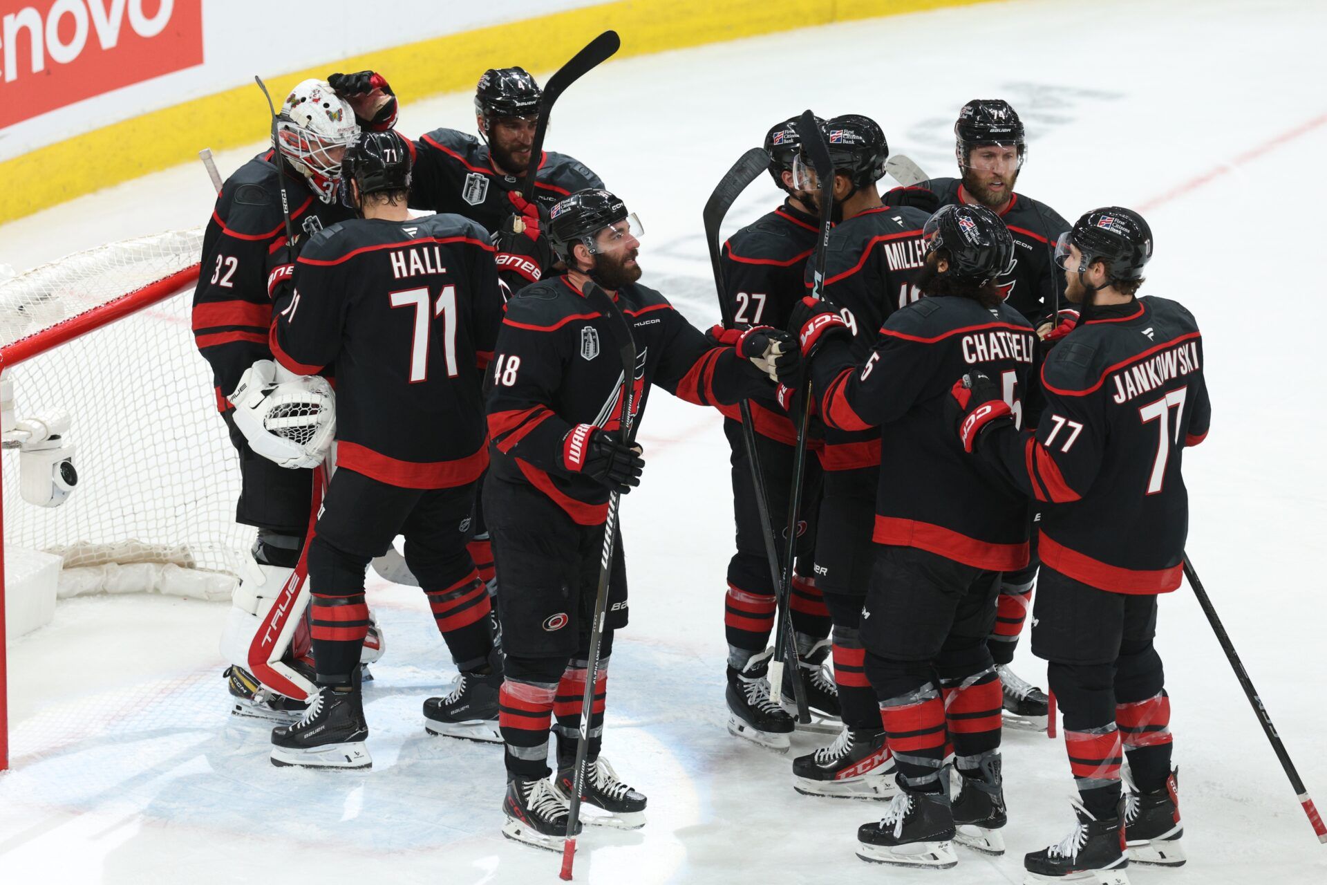 Carolina Hurricanes goaltender Brandon Bussi (32) celebrates with teammates after winning game five of the 2026 Stanley Cup Final against the Vegas Golden Knights at Lenovo Center.
