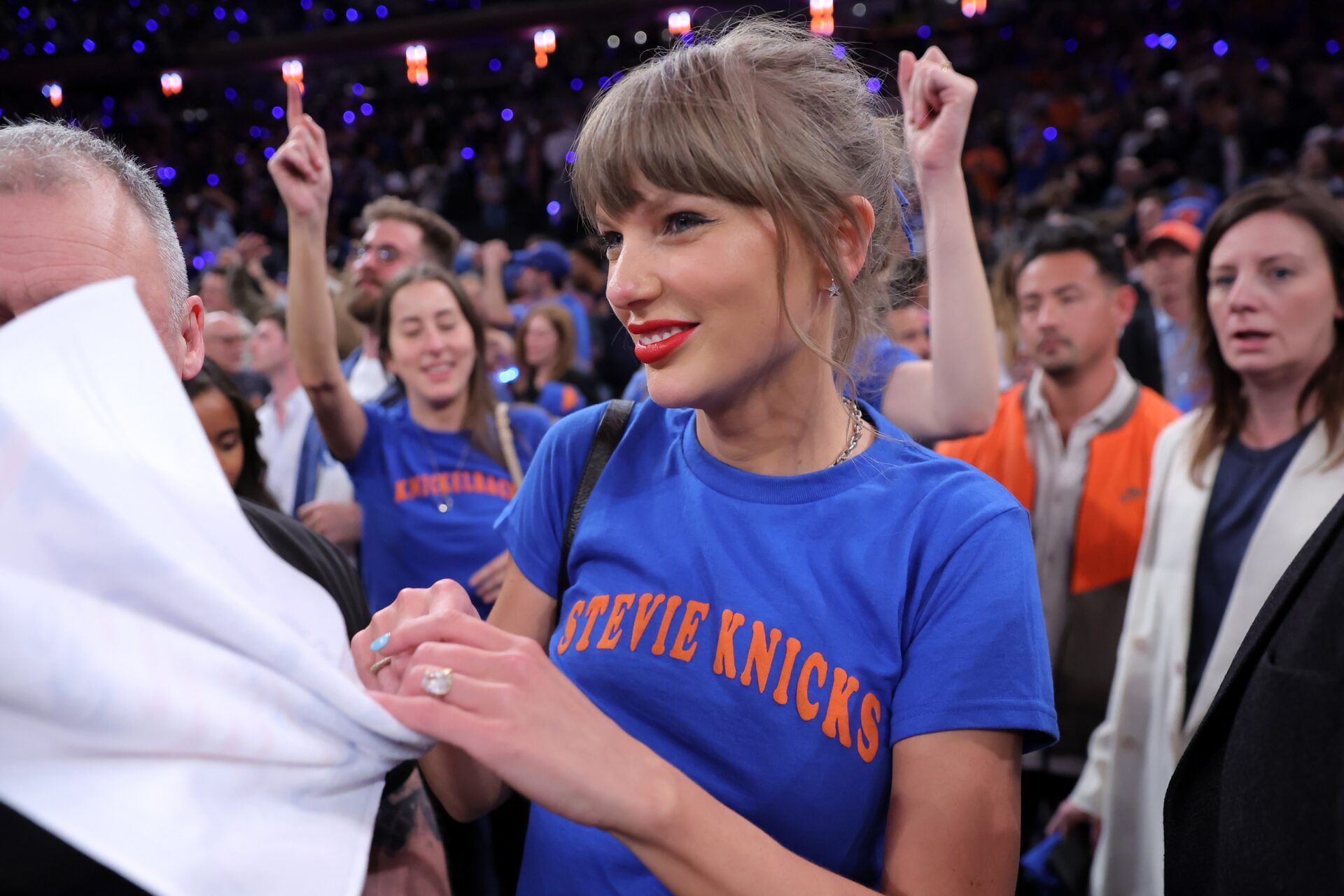 Taylor Swift reacts after the New York Knicks defeated the San Antonio Spurs in game four of the 2026 NBA Finals at Madison Square Garden.