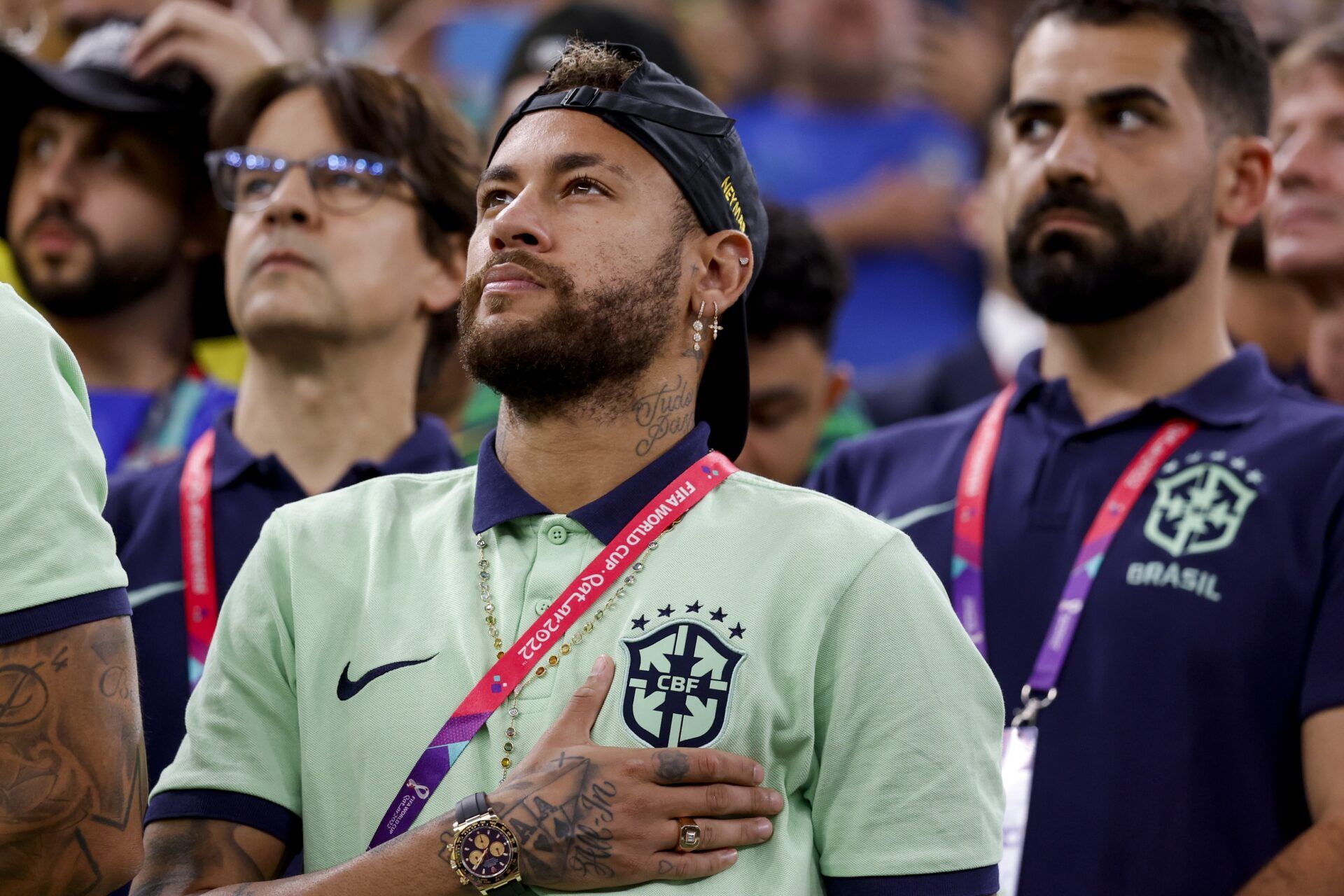 Brazil’s Neymar is seen during the national anthem prior to the match against Cameroon during a group stage match during the 2022 World Cup at Lusail Stadium.