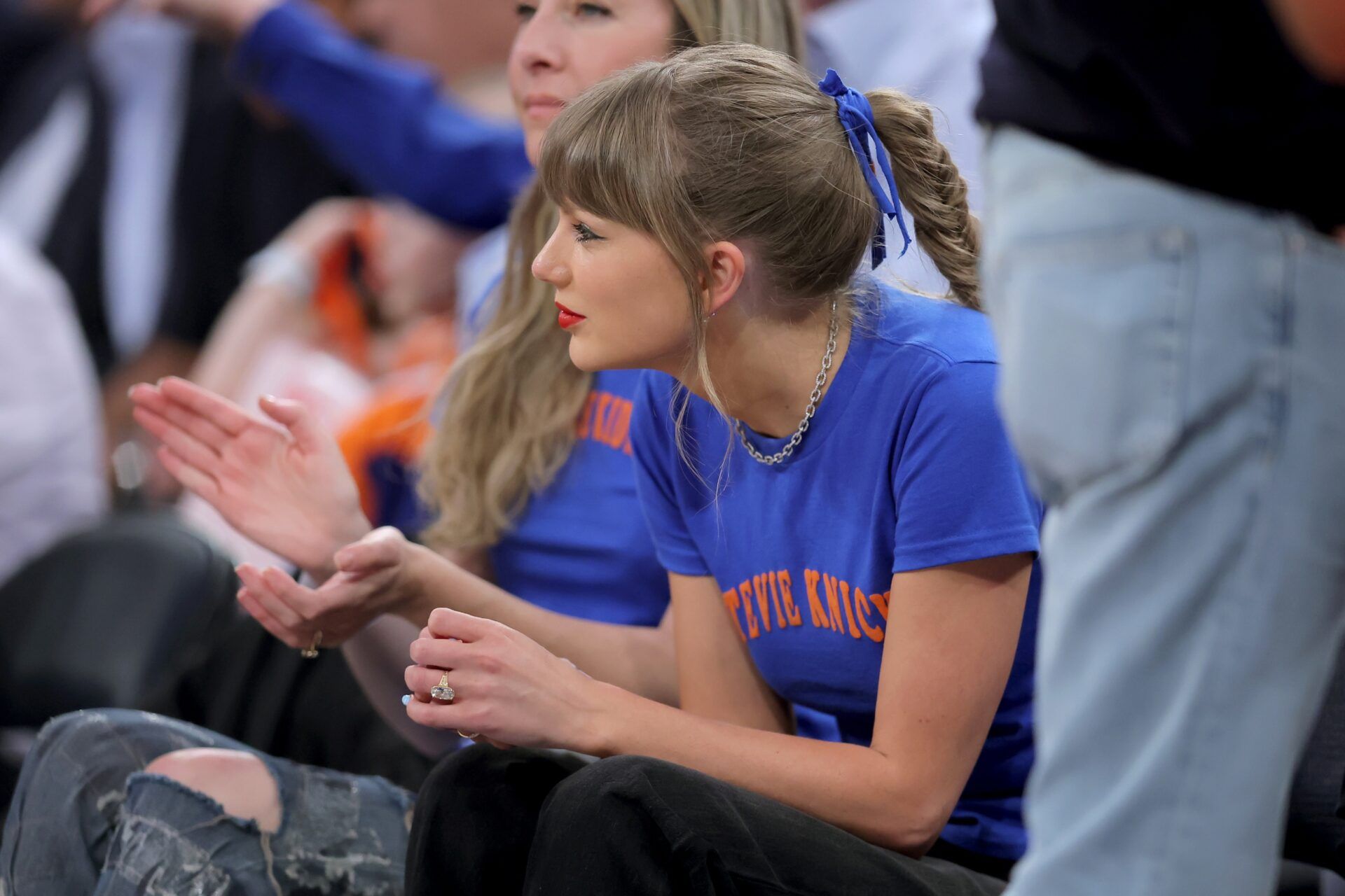 Taylor Swift attends in the second quarter between the New York Knicks and the San Antonio Spurs during game four of the 2026 NBA Finals at Madison Square Garden.