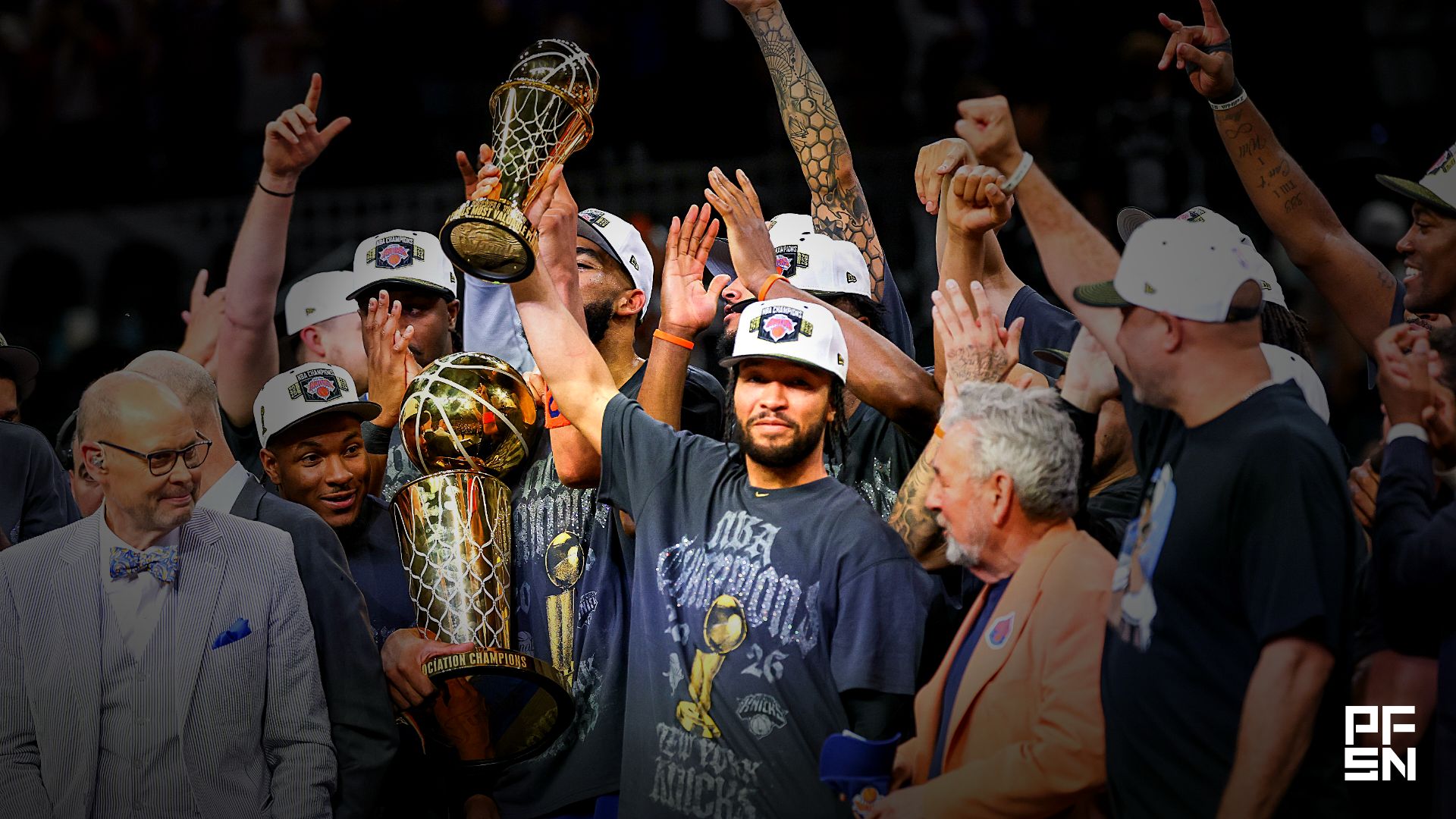 New York Knicks guard Jalen Brunson (11) celebrates with his teammates after the Knicks defeat the San Antonio Spurs during game five of the 2026 NBA Finals at Frost Bank Center.